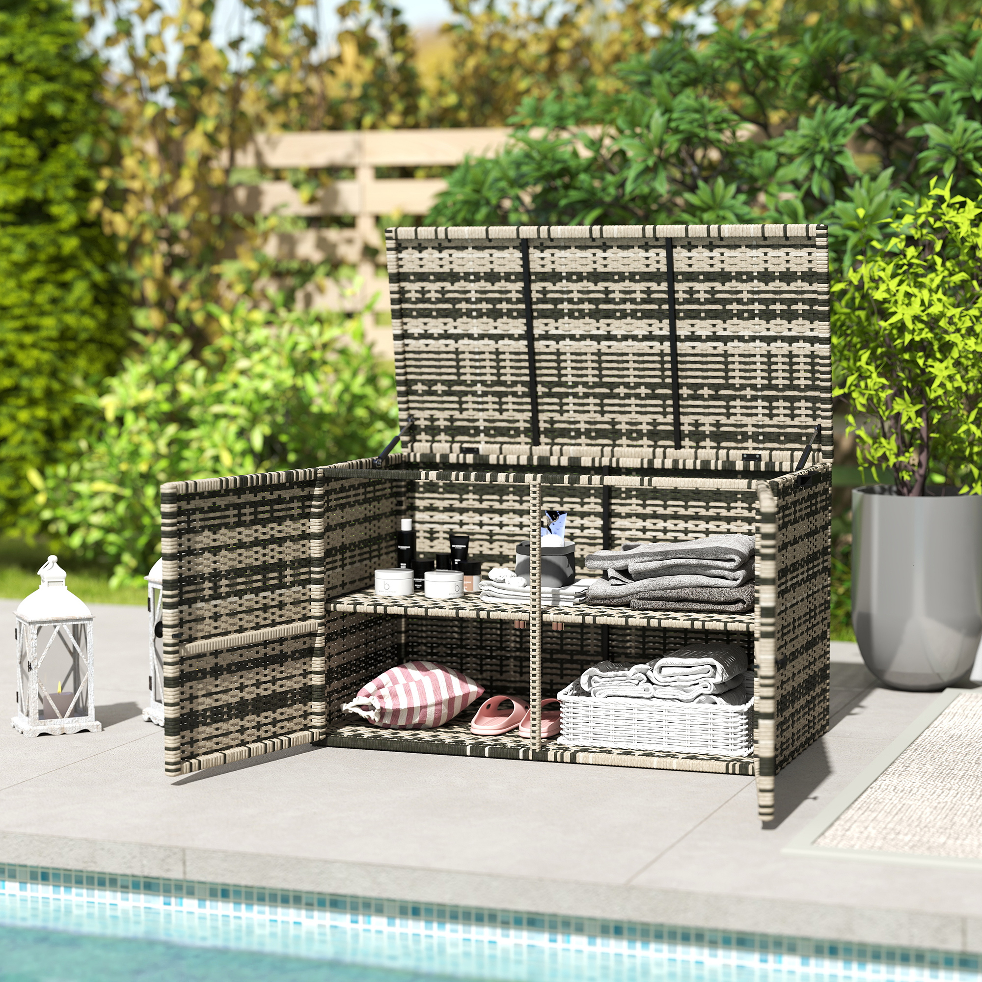 Outsunny Rattan Opbergbox 350L Tweelaags Kussenbox met Deksel Hefstangen Handgrepen 118 x 57 x 69 cm Gemengd Grijs