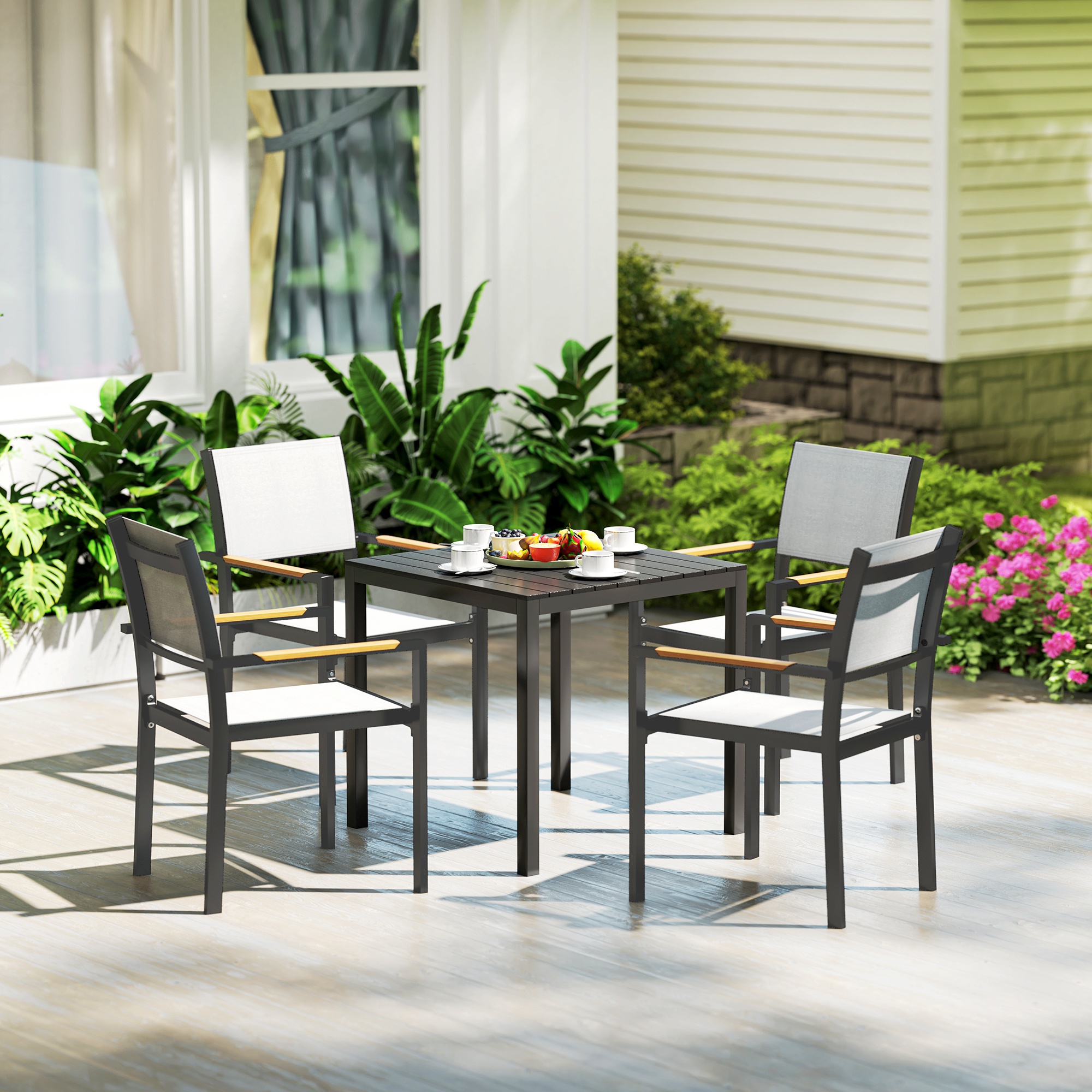 Outsunny Tuintafel Aluminium 73x73 cm Weerbestendig Buffettafel met Houtlook, Campingtafel voor 4 Personen Zwart