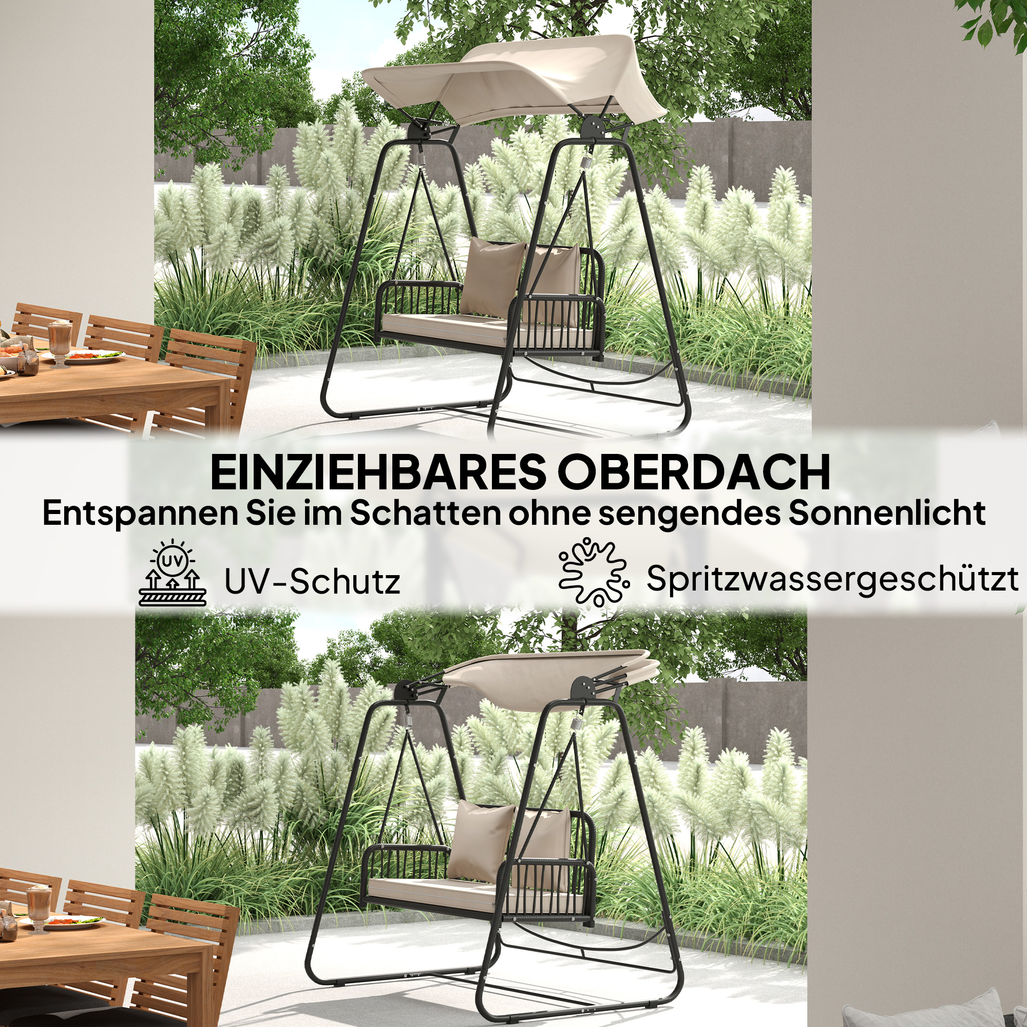Outsunny Rattan Hollywoodschommel voor 2 Personen met Zonnedak en Kussens, Belastbaar tot 240 kg, 149 x 121 x 180 cm, Khaki