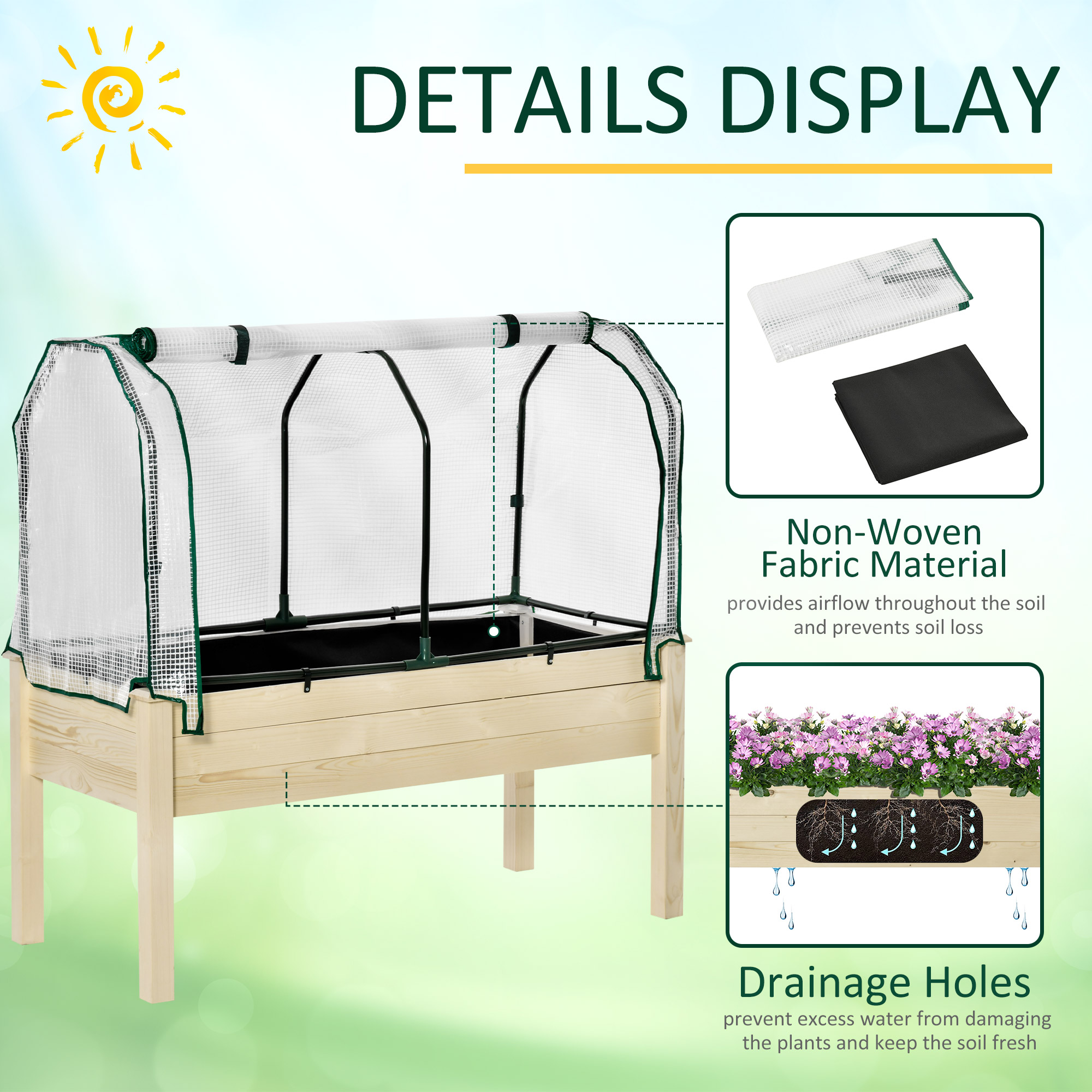 Outsunny Verhoogd Bed, Oprolbare Folieafdekking, Natuurlijk Houten Frame, Stofvoering, Afvoeropeningen, 121 x 55 x 117cm