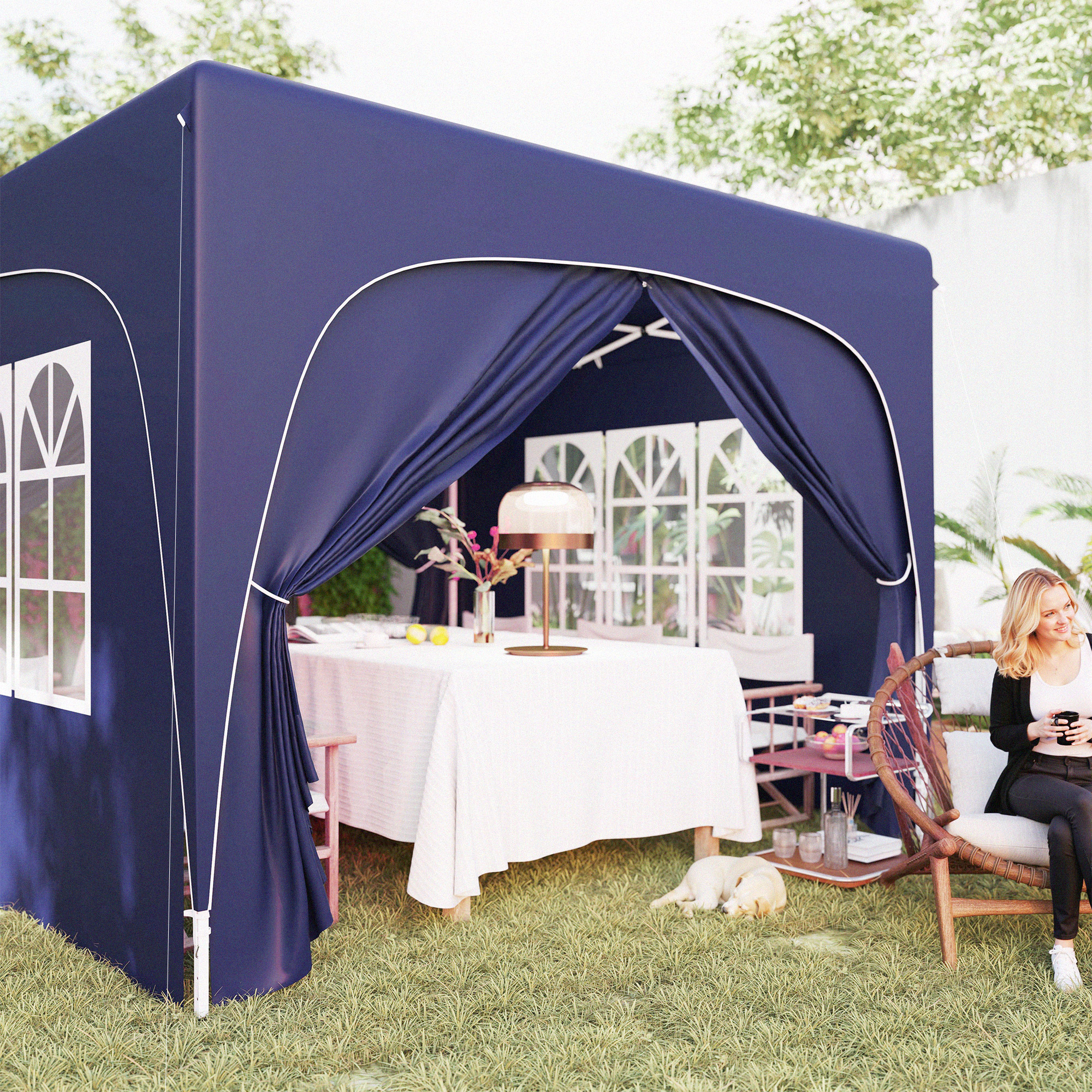 Outsunny 3 x 3 m Paviljoen, Pop-up Tuinpaviljoen met Zijwanden en Draagtas, UPF50+, Hoogteverstelbaar, Donkerblauw