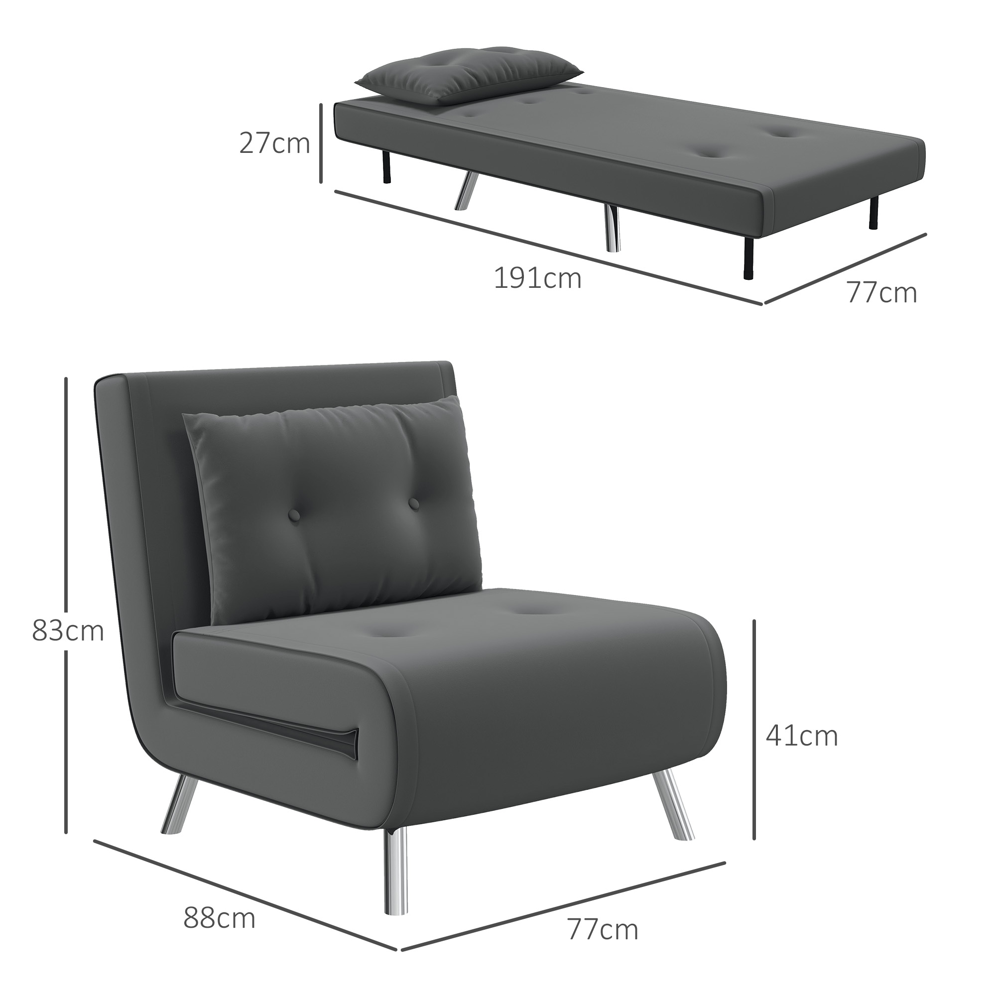 HOMCOM Ligstoel Stoel met Ligfunctie Slaapstoel, Knoopdetail, Linnenlook, 77 cm x 88 cm x 83 cm, Donkergrijs