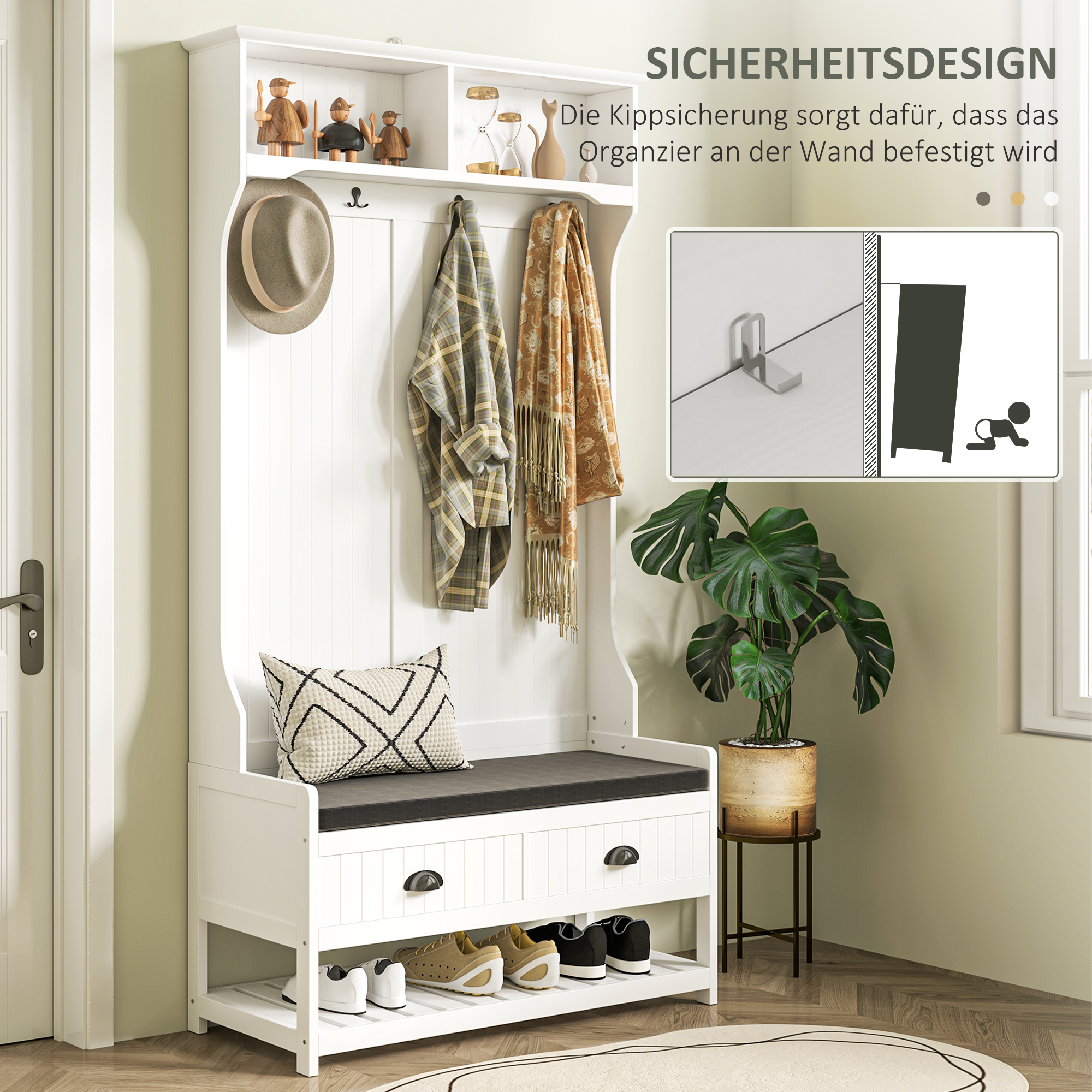 HOMCOM Kapstok met Haken, Garderobe met Schoenenbank, voor Entree, Hal, Metaal, MDF, Wit+Grijs