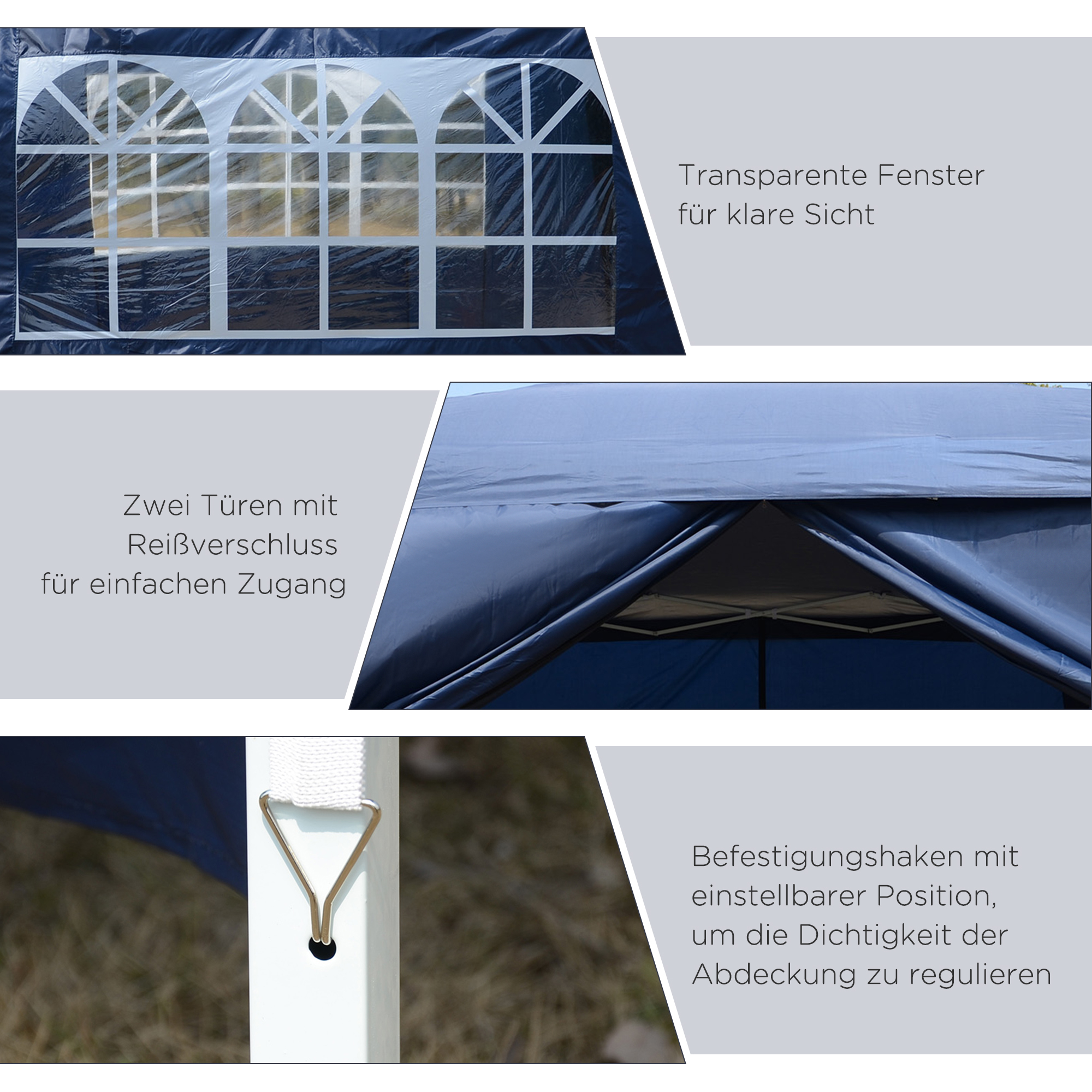 Outsunny Paviljoen, Partytent, 4 afneembare zijwanden, 2 ramen, metalen frame, 2,95 x 2,95 m, Blauw