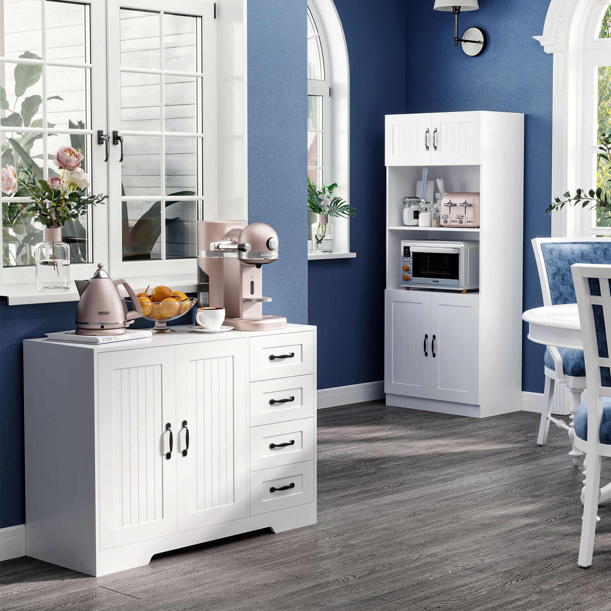 HOMCOM Sideboard Dressoir, Modern Stijl, 4 Lades, 1 Kast, 105 cm x 40 cm x 76 cm, Wit