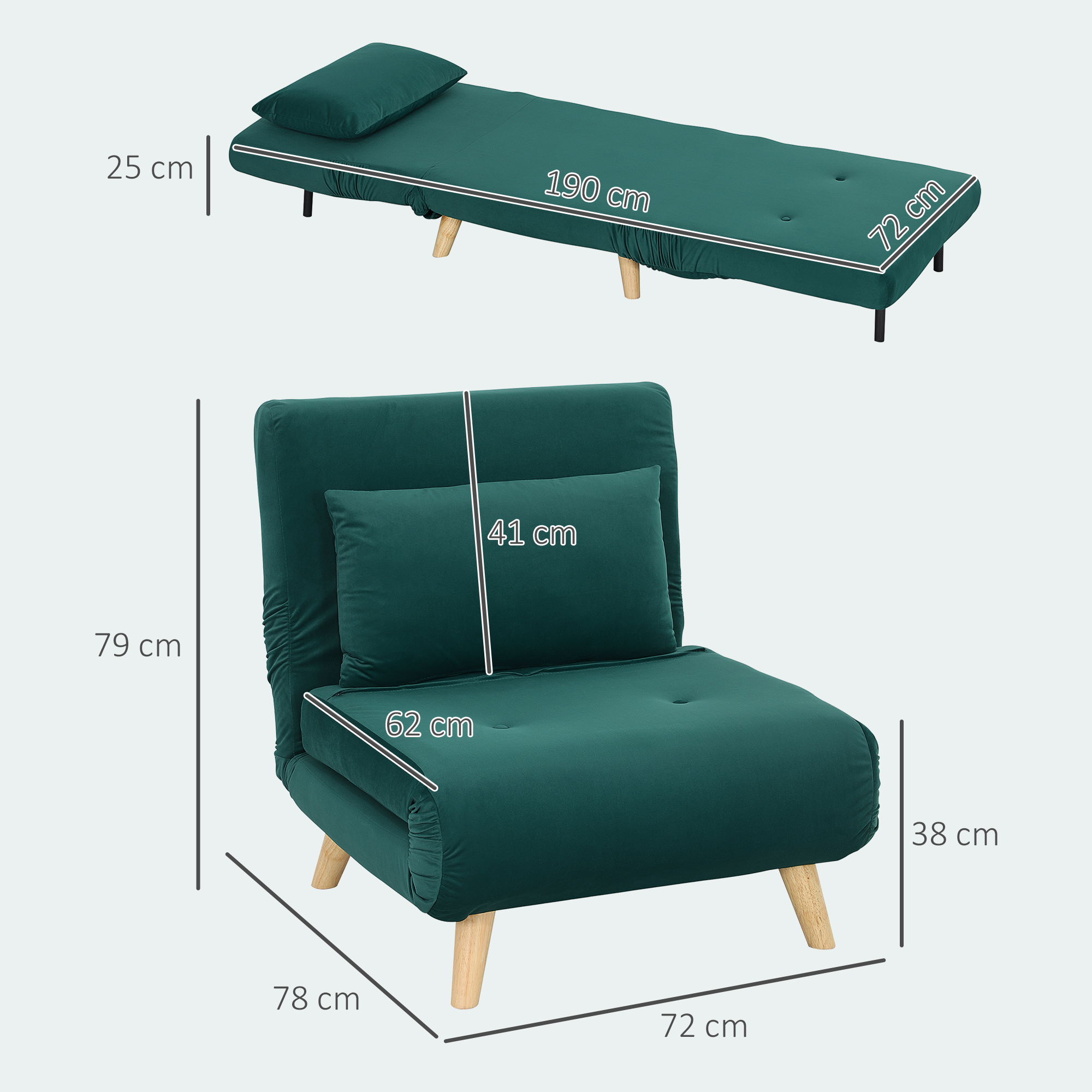 HOMCOM Opklapbare Stoel met Bedfunctie, Opvouwbare Relaxstoel in Fluweel Look, Verstelbare Rugleuning, tot 120 kg Belastbaar, Donkergroen