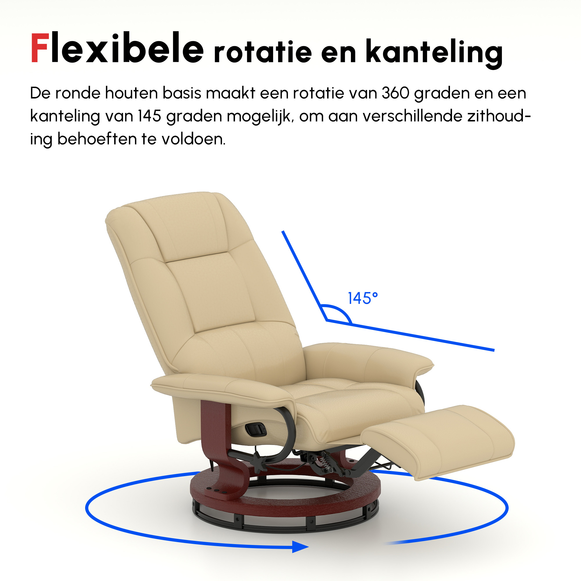 HOMCOM Relaxstoel, Verstelbaar, Ligfunctie, tot 120 kg, Kunstleer, 78 x 87 x 100 cm, Beige