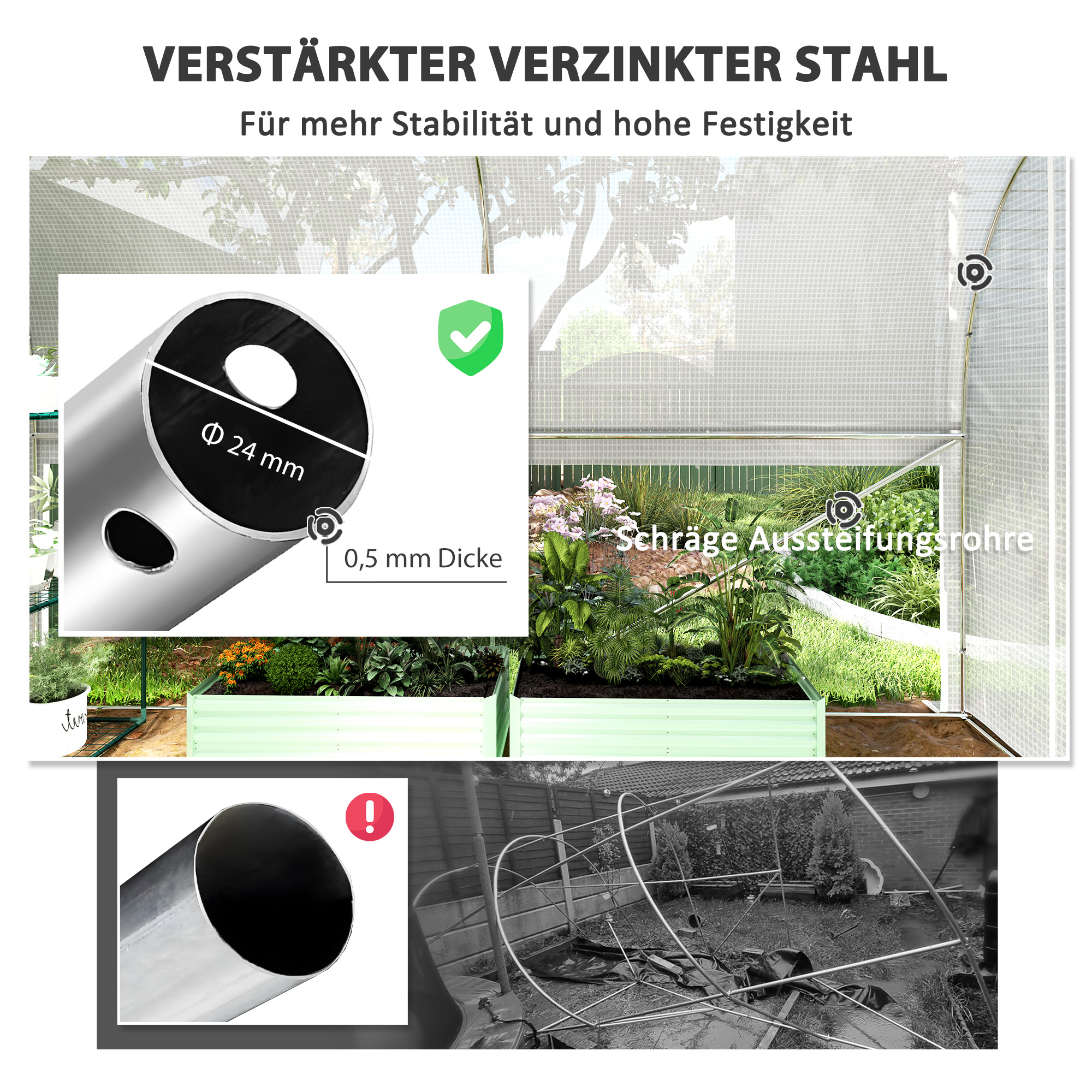 Outsunny 3 x 2 x 2 m Polytunnel-Kas met Oprolbare Zijwanden, UV-resistente Kunststoffolie en Stalen Frame, Wit