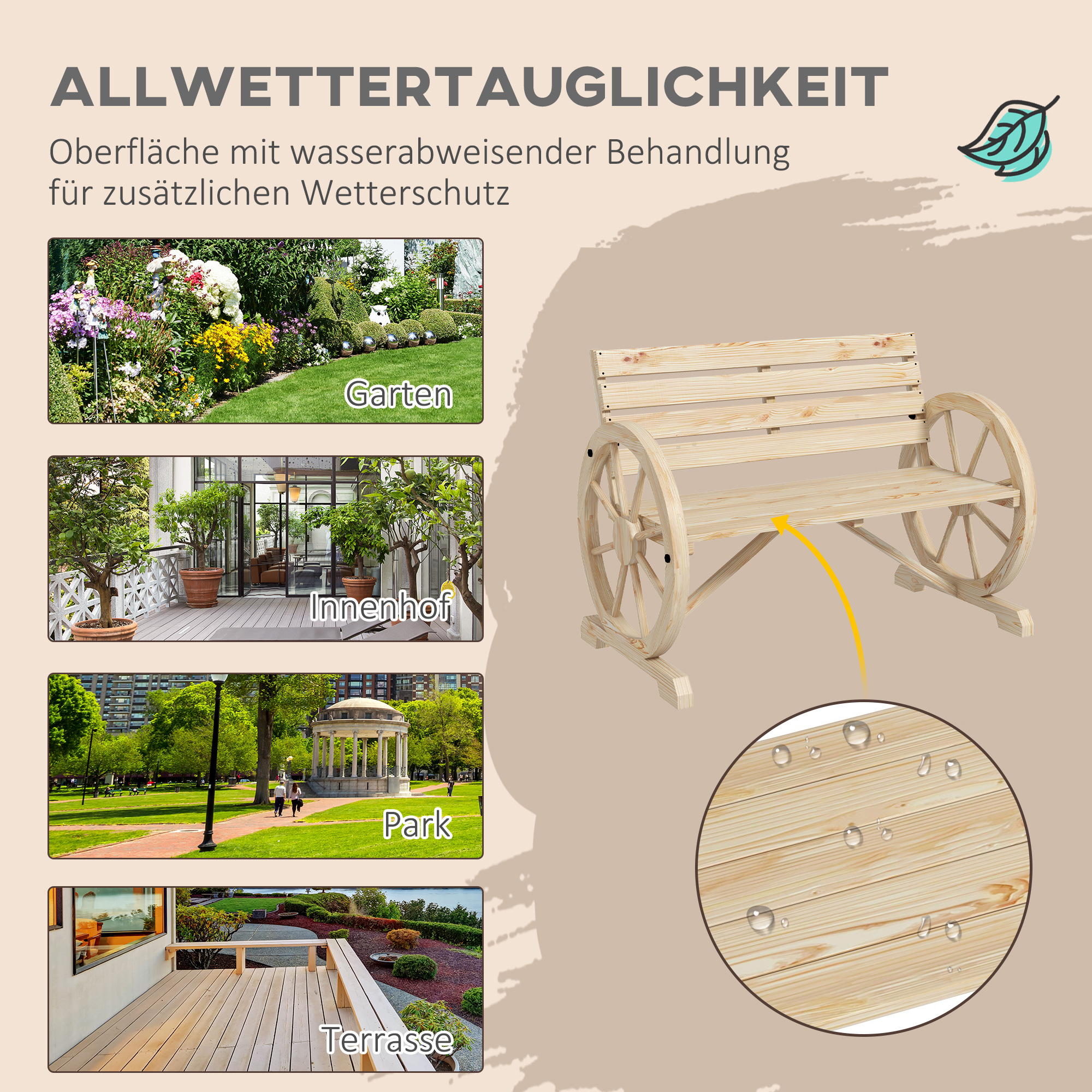 Outsunny Tuinbank, Wagenwiel-ontwerp, voor 2 personen, natuurlijk hout, donkerbruin, 105,5 x 56 x 79 cm, Natuurlijk