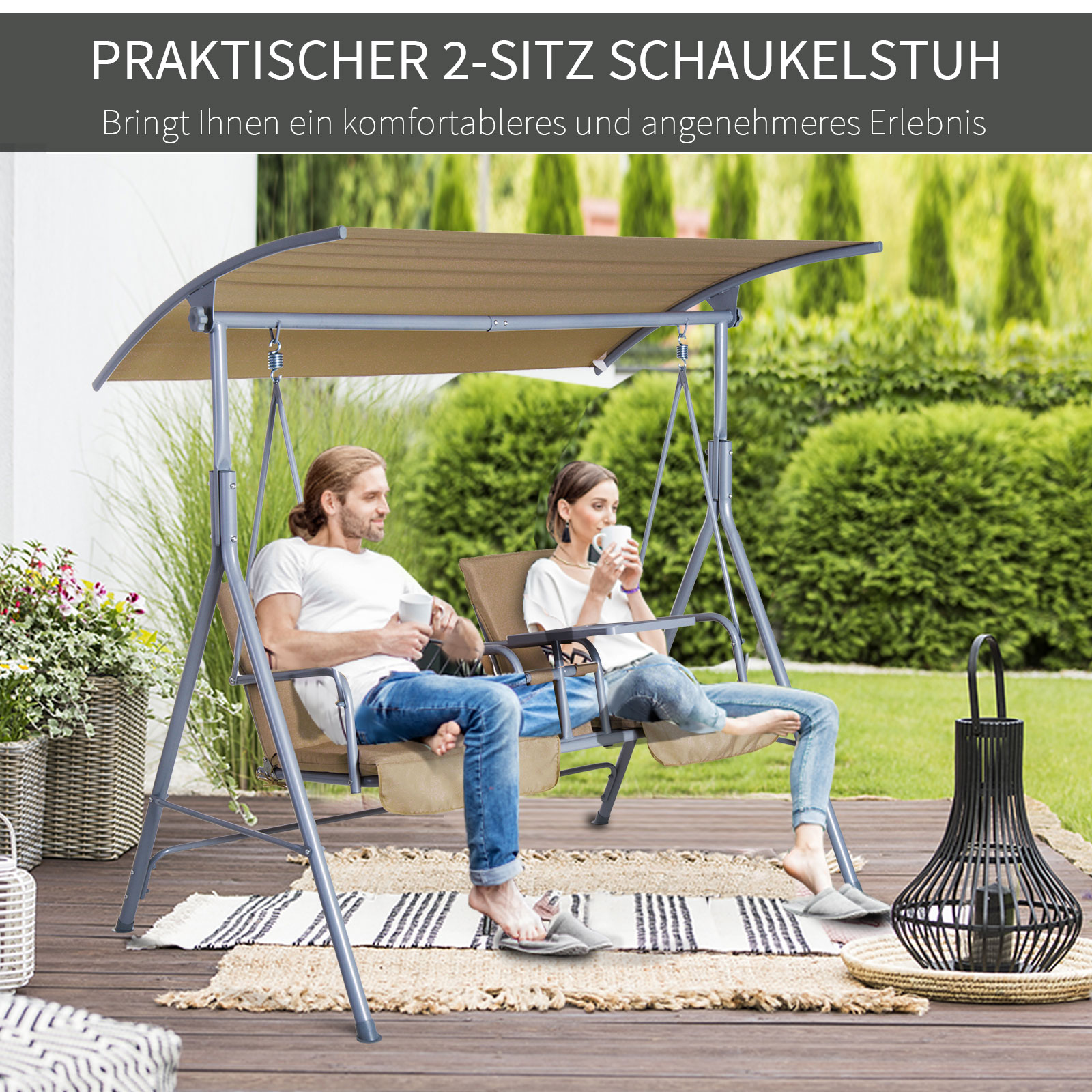Outsunny Hollywoodschommel 2-zits tuinschommel schommel met zonnekap beige/grijs