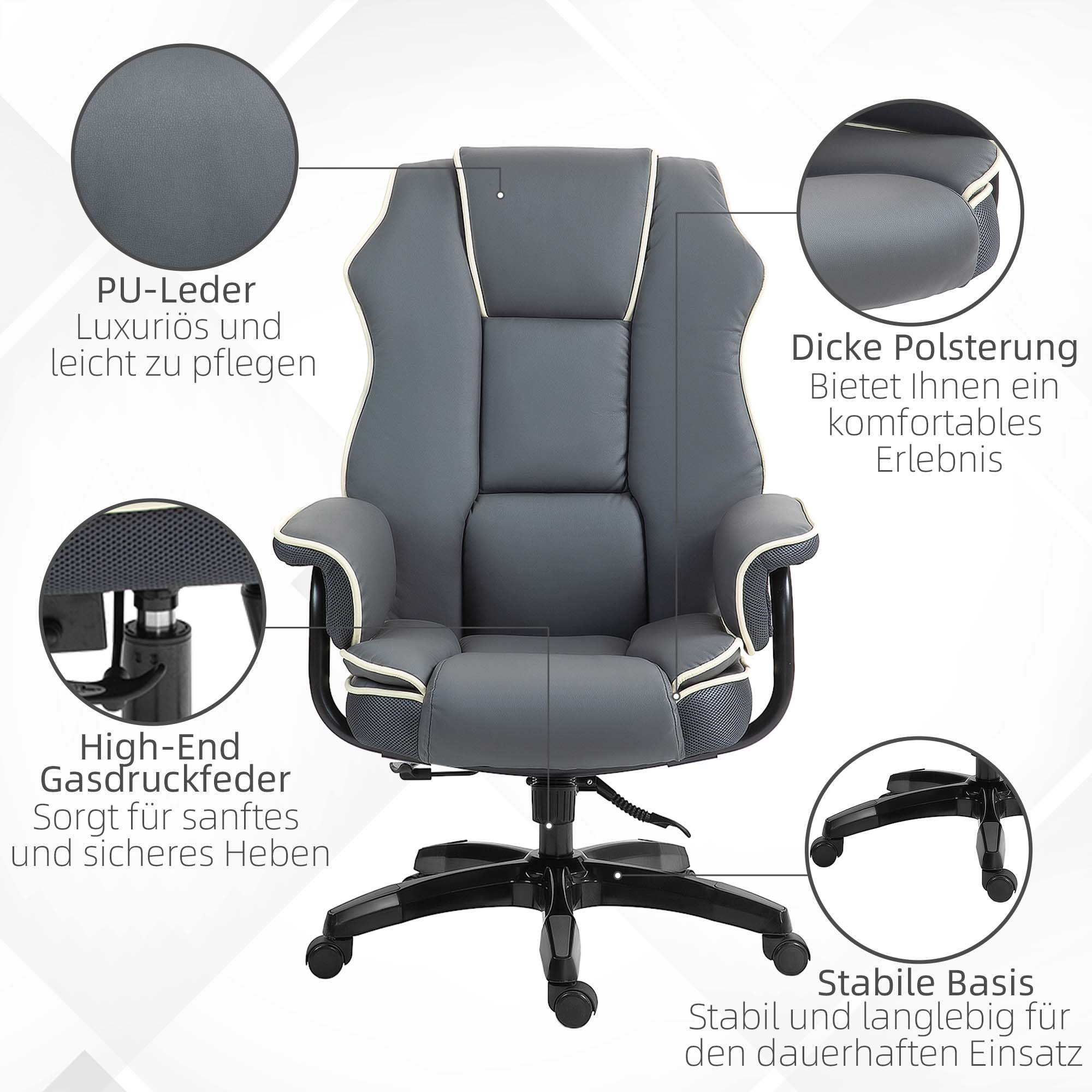 Vinsetto Ergonomische Bureaustoel, Extra Gevoerd, met Leunfunctie, Kunstleer, 76x80x118-124 cm, Donkergrijs