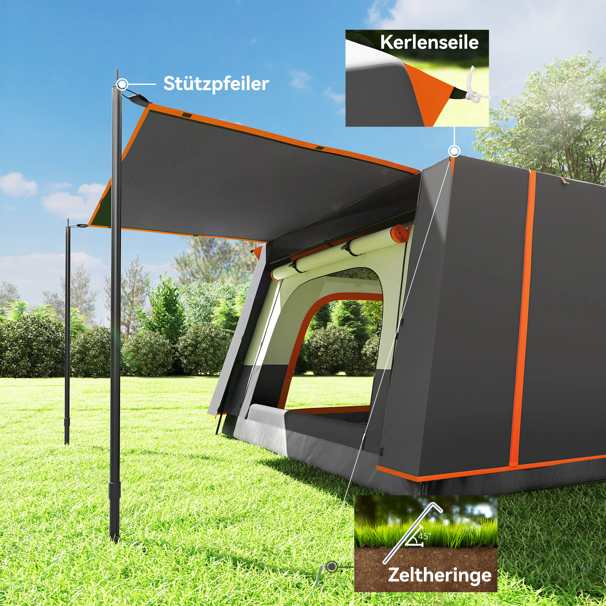 Outsunny Kampeertent voor 4-6 Personen - Waterdicht en Stevig Met Voorportaal en Grondzeil - Donkergrijs