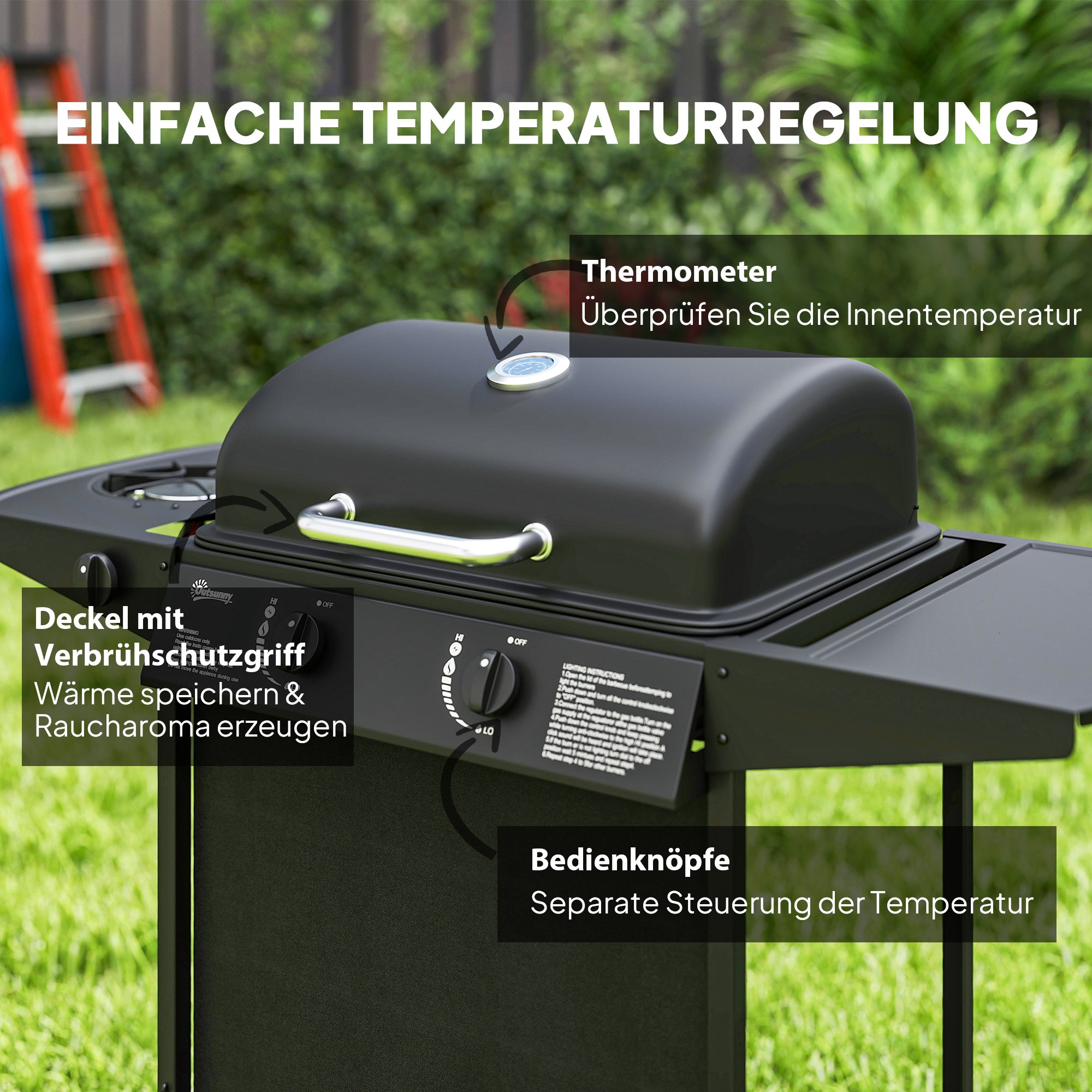 Outsunny Gasbarbecue 7 KW met 3 Branders, Zijbrander, Rollen & Deksel 107 x 54 x 96 cm Zwart