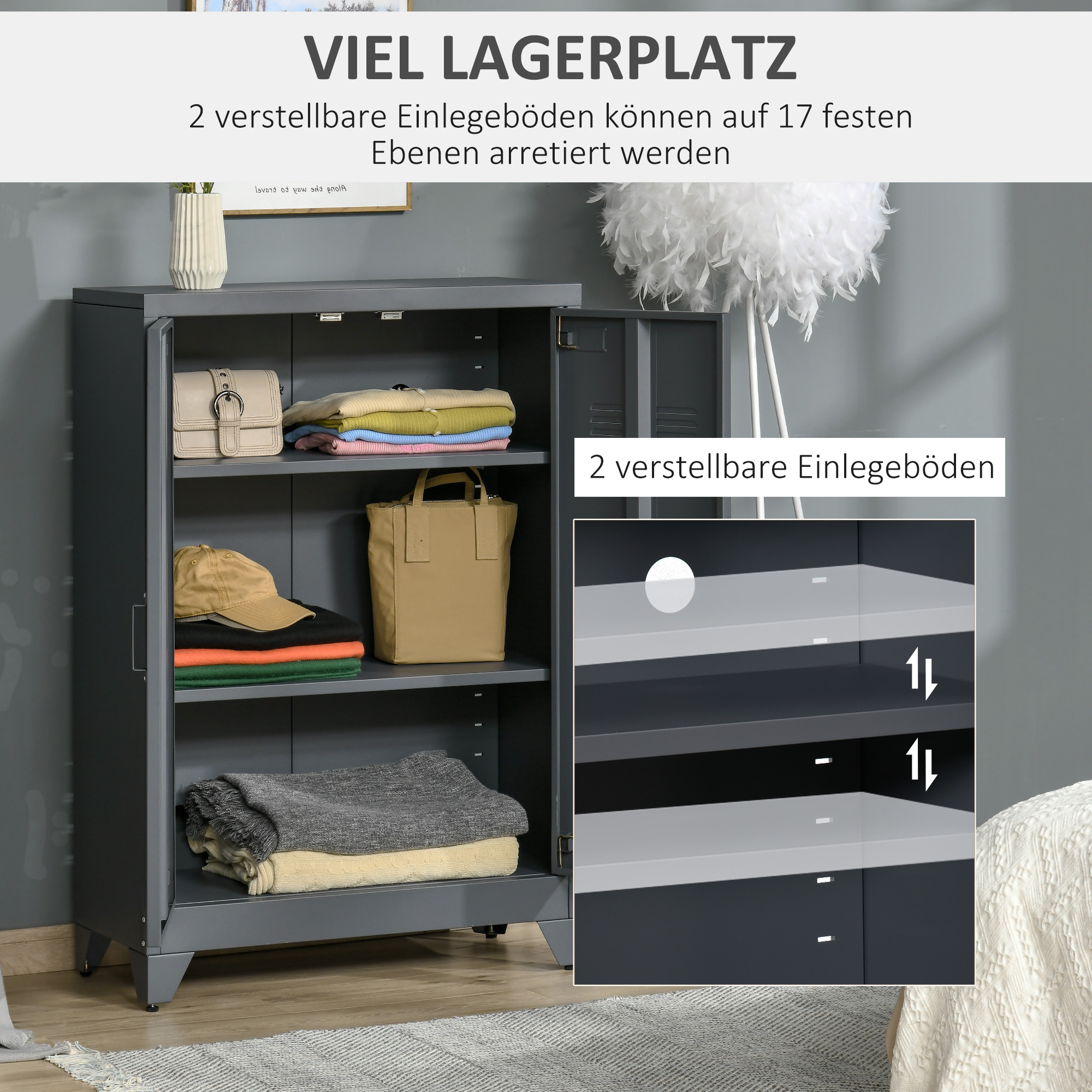 HOMCOM Dossierkast met Lamellendeuren, Opslagschrank, Metalen Schrank met 2 verstelbare planken, 75 x 33 x 110 cm, Grijs