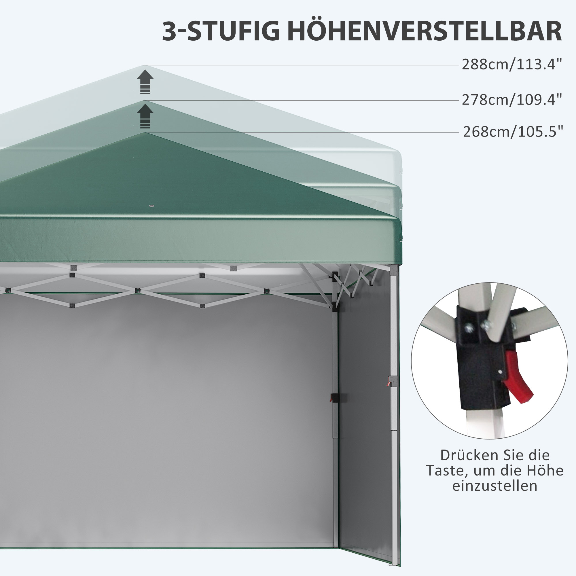 Outsunny Opvouwbare Paviljoen, 2 Zijwanden, Hoogteverstelbaar, Inclusief Transporttas, Roestvrij Stalen Frame, 3 x 3 m, Groen