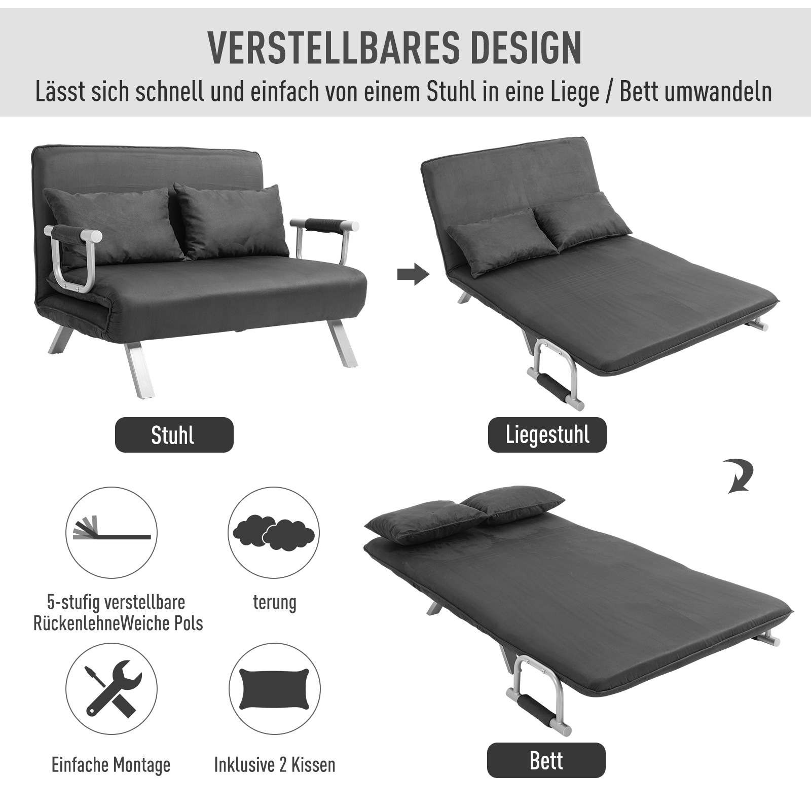 HOMCOM tweezits bedbank met armleuningen, 3-in-1 slaapbank, logeerbed, opvouwbare matras, opklapbed, chaise longue, multifunctioneel, imitatie-suède grijs 105 x 80 x 78 cm