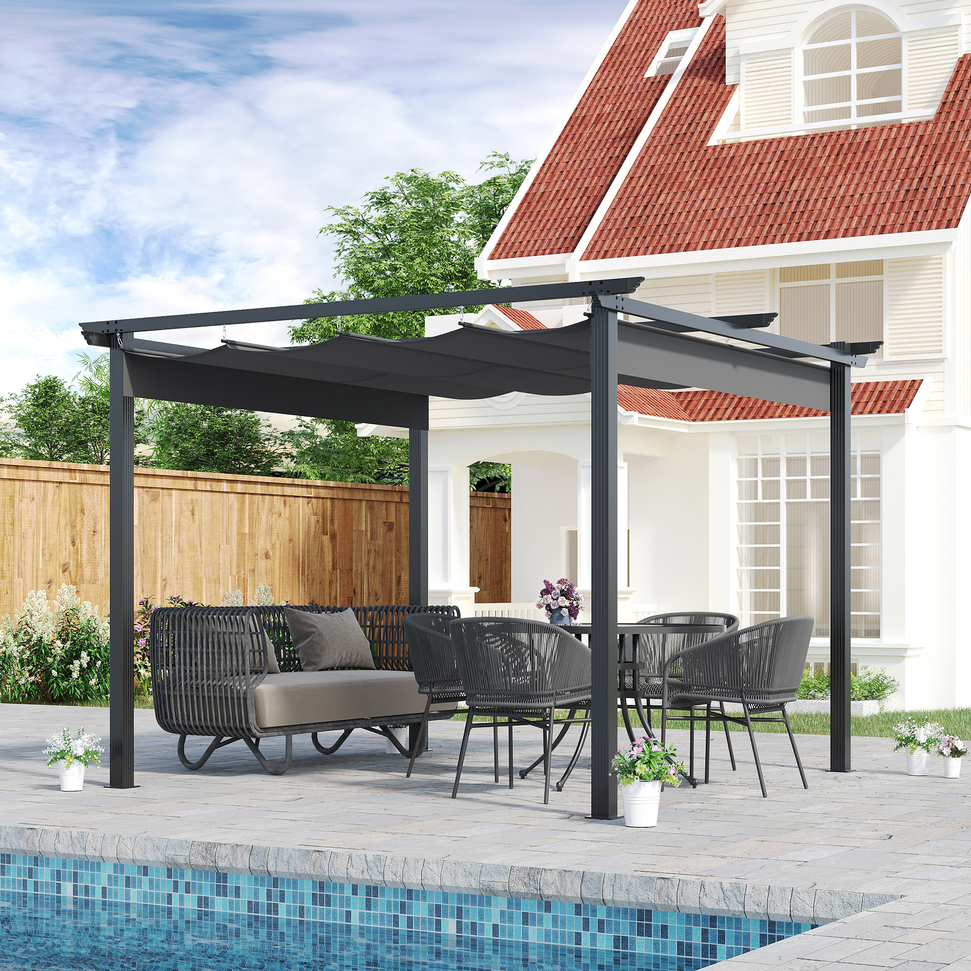 Pergola van Outsunny met verstelbare luifel aluminium grijs, zwart 3 x 3 m