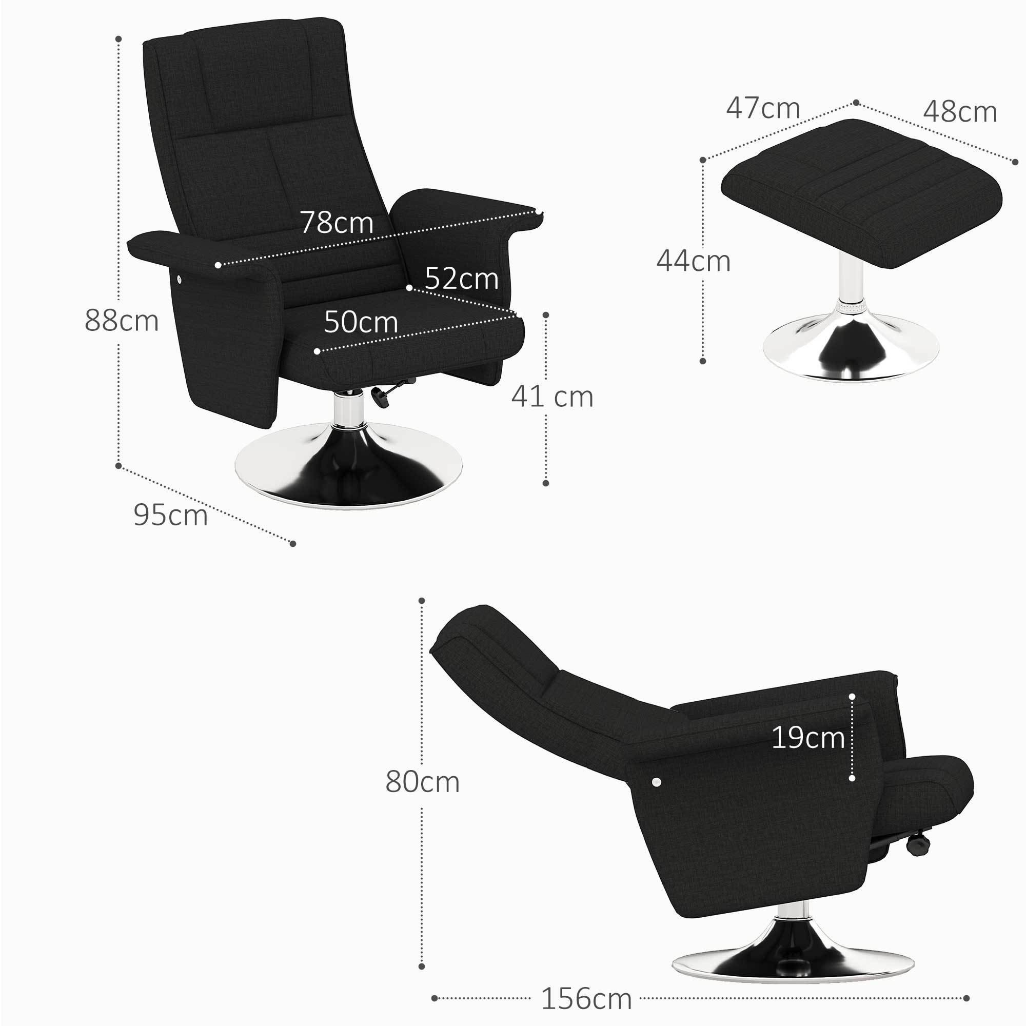HOMCOM Massagesessel met Kruk, Kantelbare Rugleuning, 78 x 95 x 88 cm, Zwart