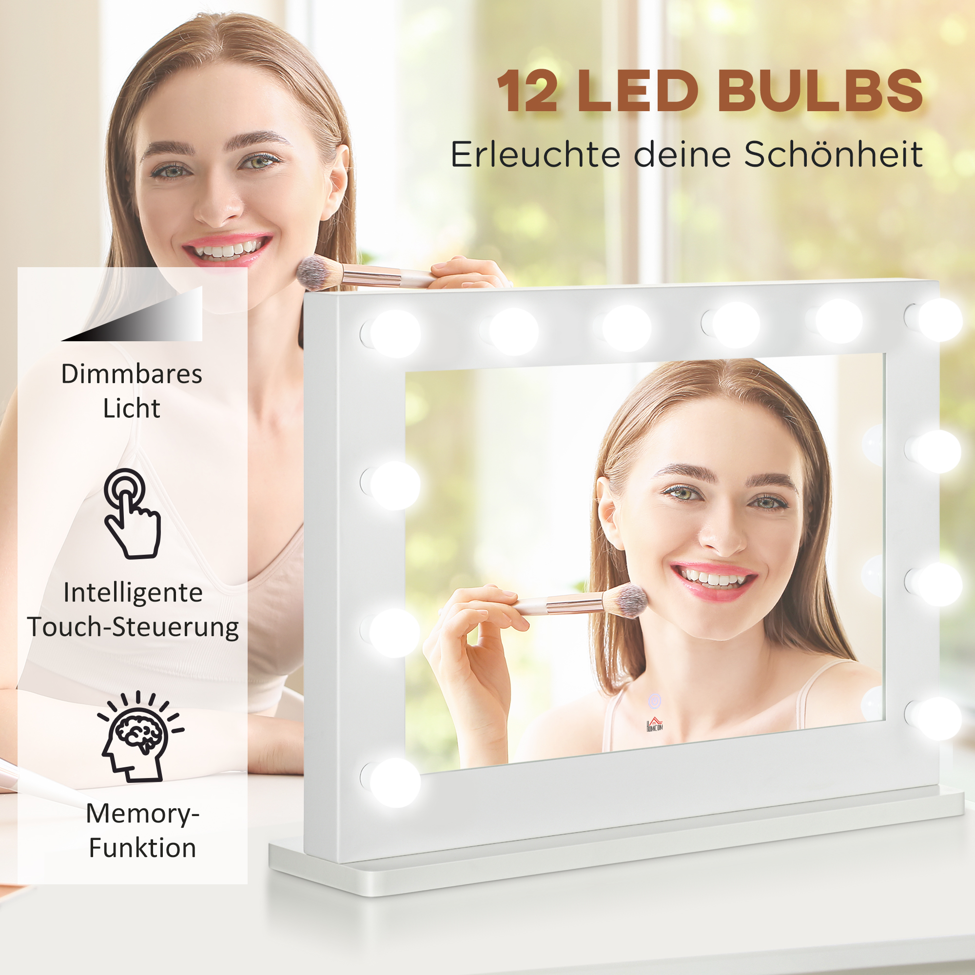 HOMCOM Hollywoodspiegel met verlichting, aanraakbediening, geheugenfunctie, 12 dimbare LED-lampen, wit, 80 x 60 cm