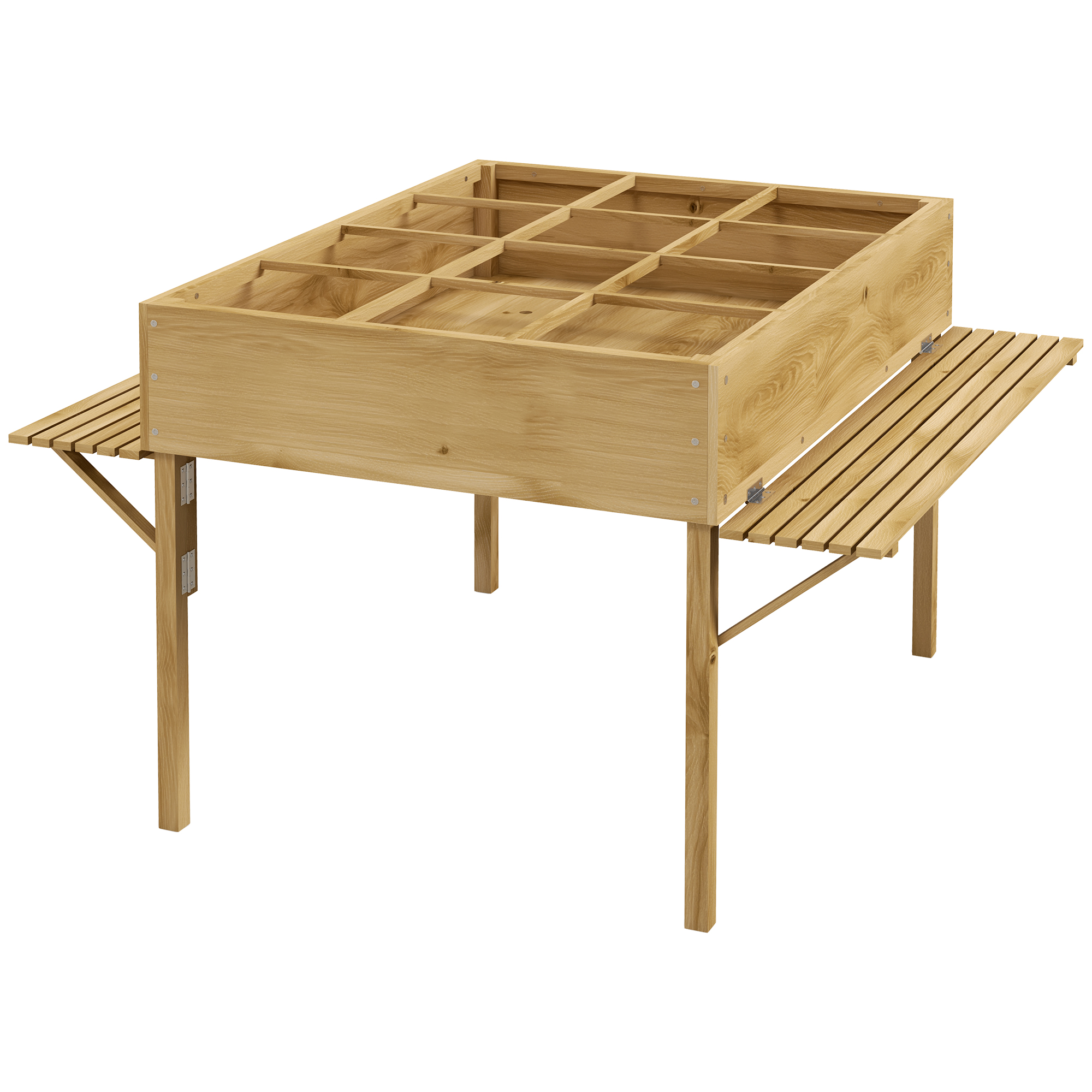 Outsunny Houten verhoogde plantenbak met 12 scheidingsroosters, inklapbare zijplanken, weerbestendig, sparrenhout, 122 x 91,5 x 89 cm