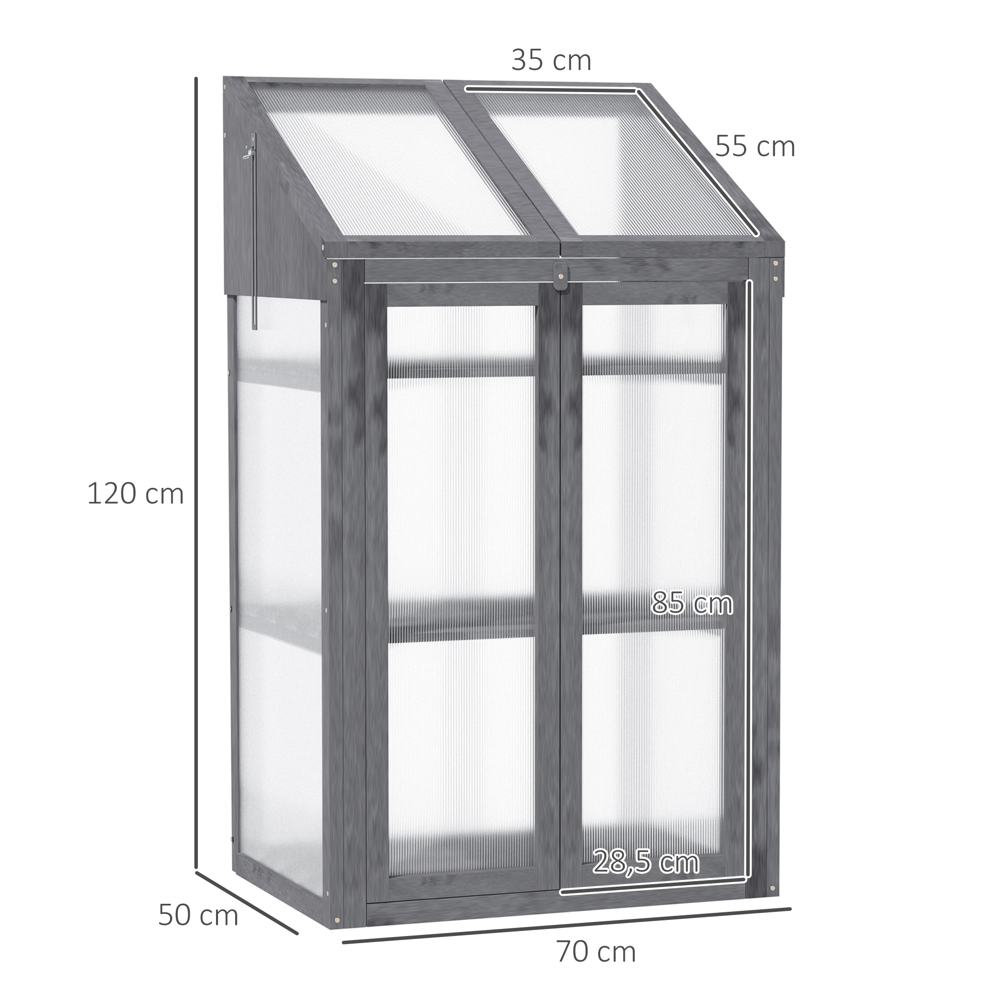 Outsunny Mini-Kas, Kleine Kas met Houten Frame, Ramen en Dubbele Deur, 3 Planken, 70L x 50B x 120H cm, Grijs