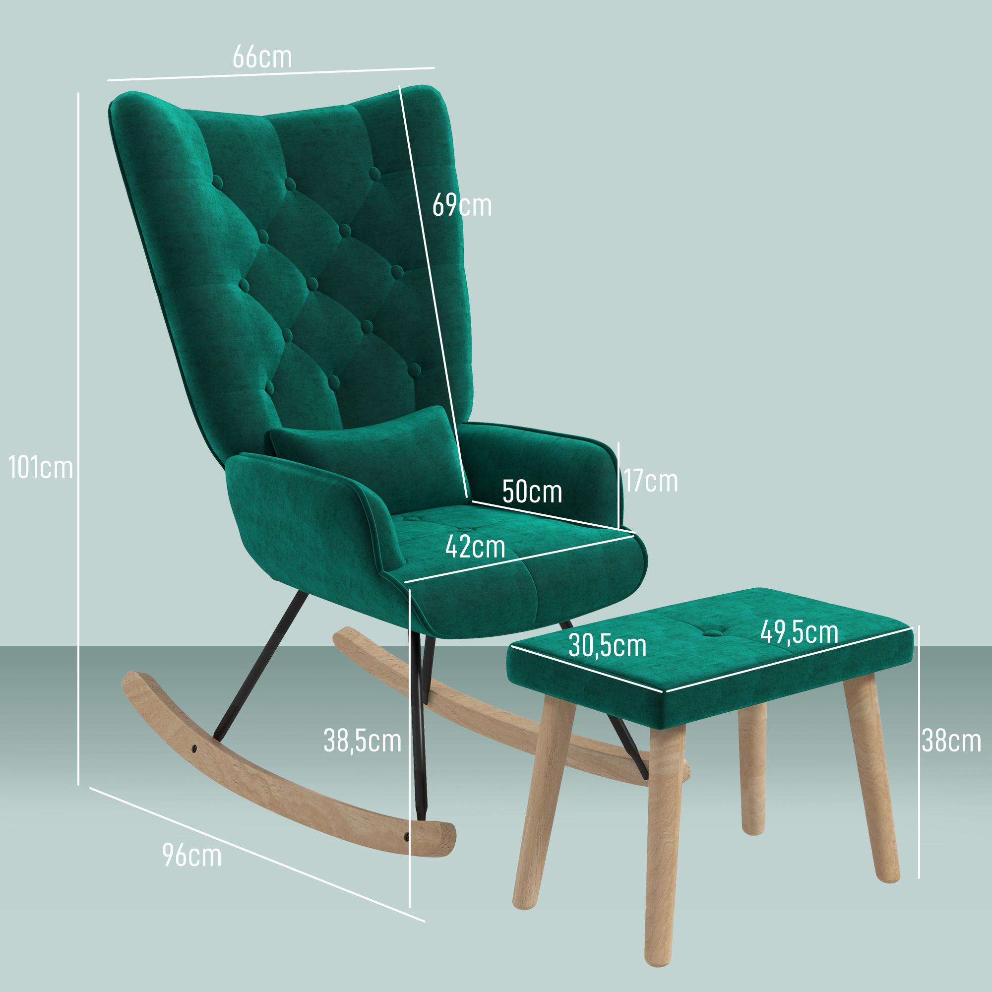 HOMCOM Schommelstoel met Poef, Gestoffeerd, Hoge Rugleuning, Fluweel Look, tot 150 kg, Groen