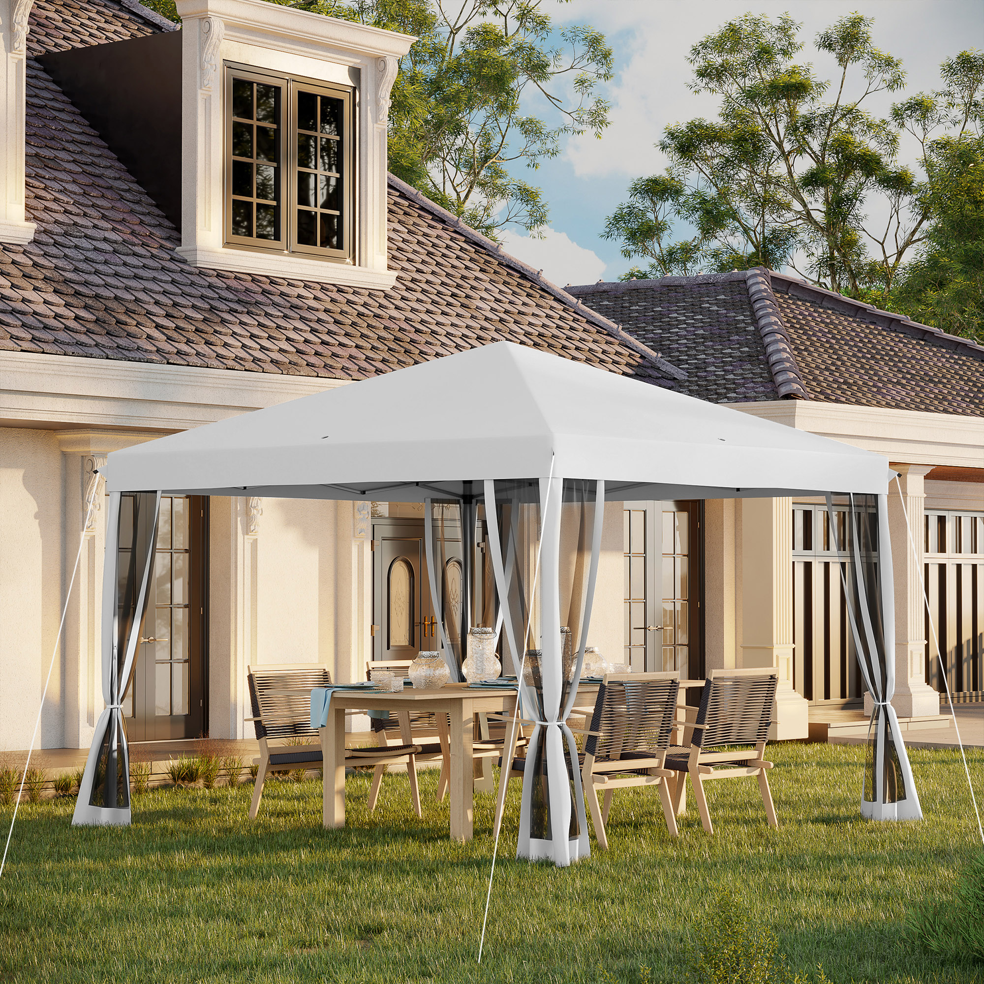 Outsunny Opvouwbare Paviljoen, Feesttent met Zijwanden incl. Draagtas, Tuinpaviljoen, Metaal, Oxford-stof, 3 x 3 m, Crèmewit