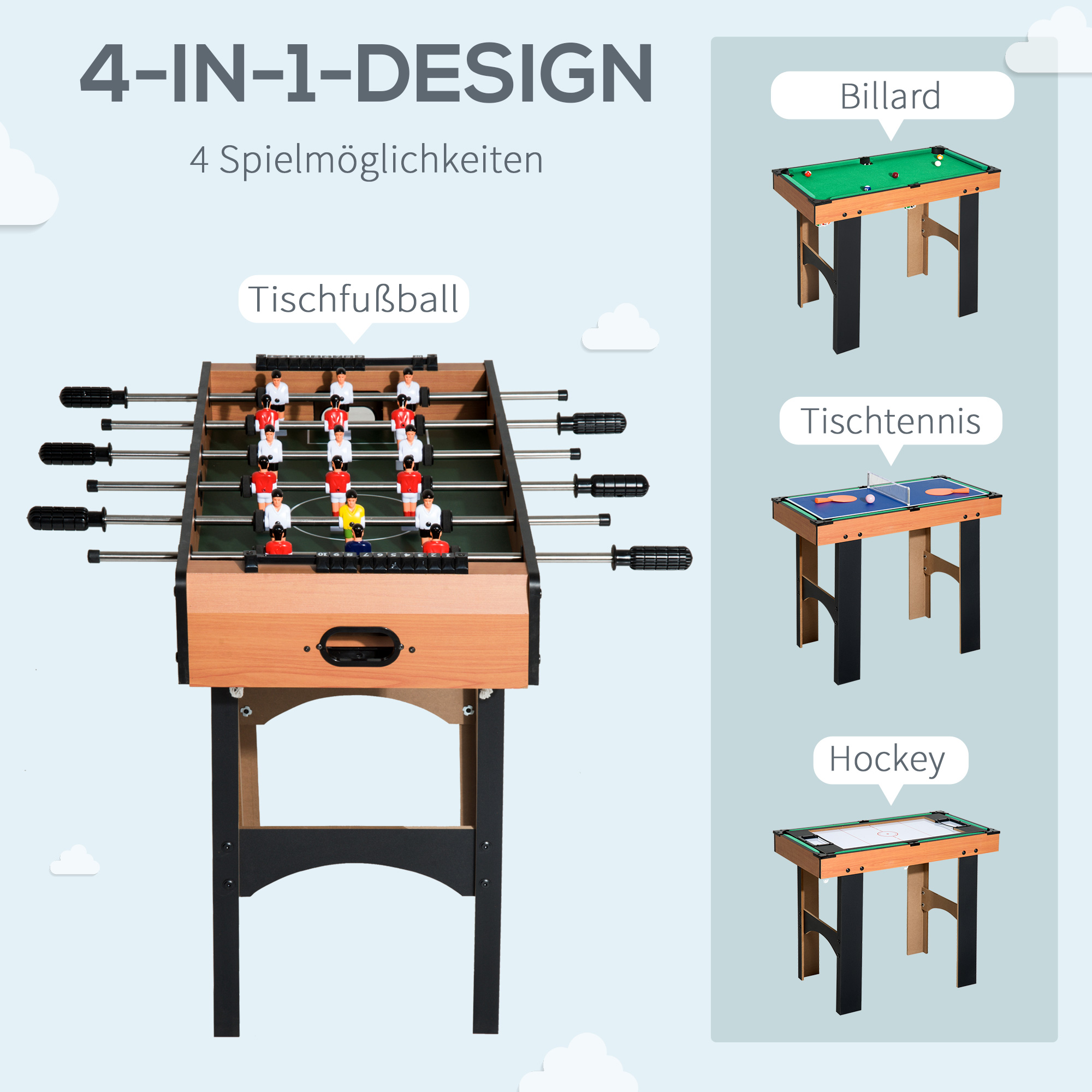 HOMCOM 4-in-1 Multispeltafel, Compact met Speelaccessoires Inbegrepen, 87 x 43 x 73 cm