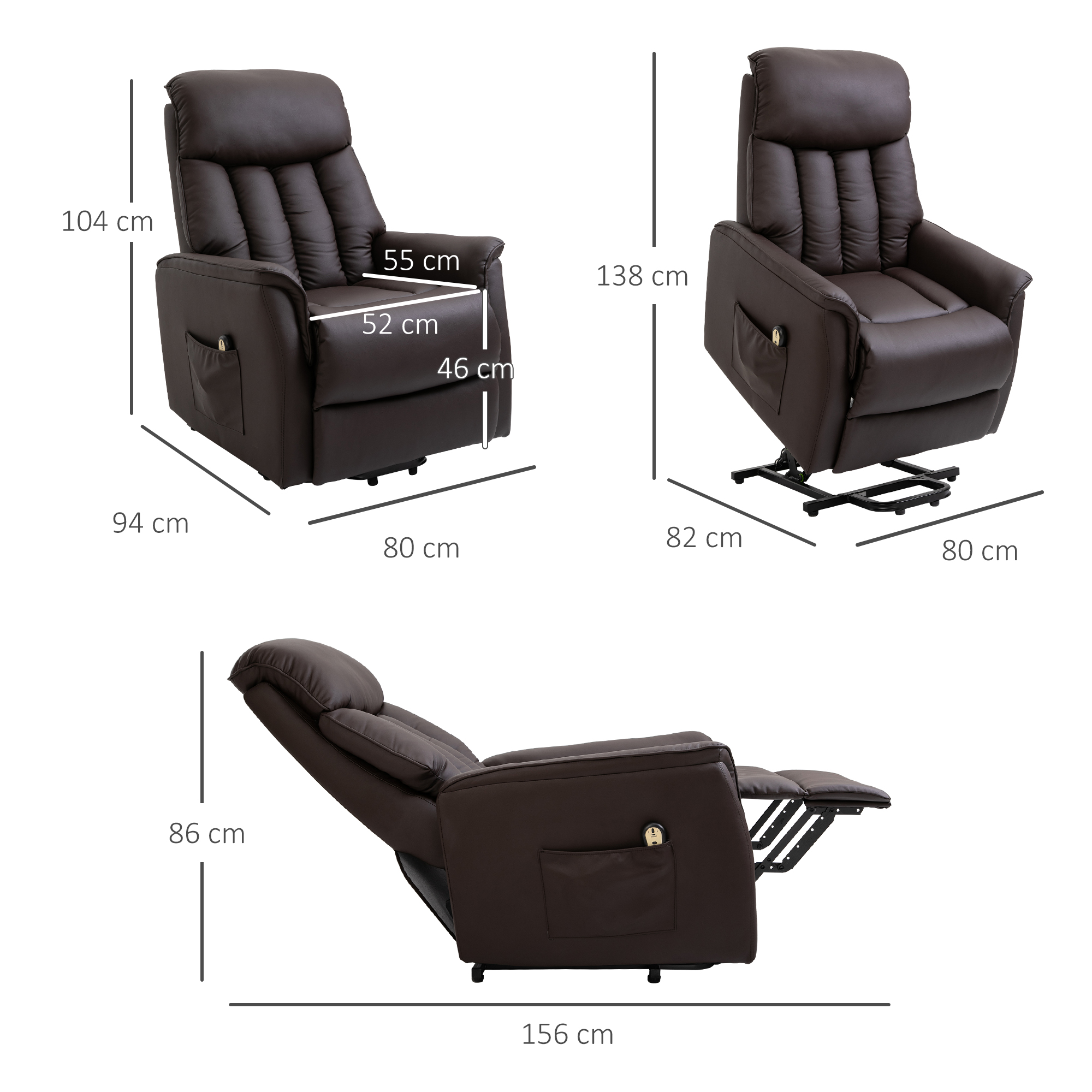 HOMCOM opstastoel tv-stoel met opstahulp elektrisch ligfunctie PU bruin, 80 x 94 x 104 cm bruin, 80 x 94 x 104 cm | Aosom.nl