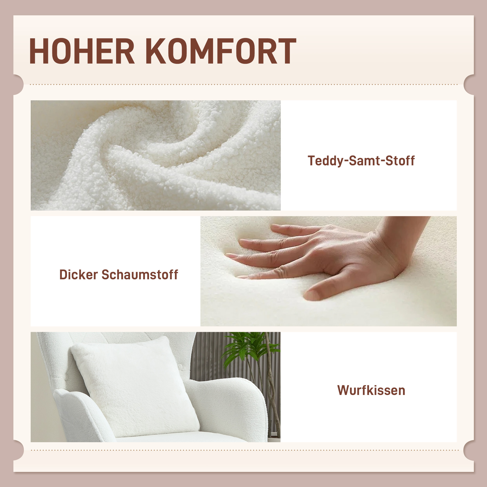 HOMCOM Gestoffeerde Stoel met Ruitstiksel, Bekleding van Teddystof, met Decoratief Kussen, 88 x 75 x 106 cm, Wit