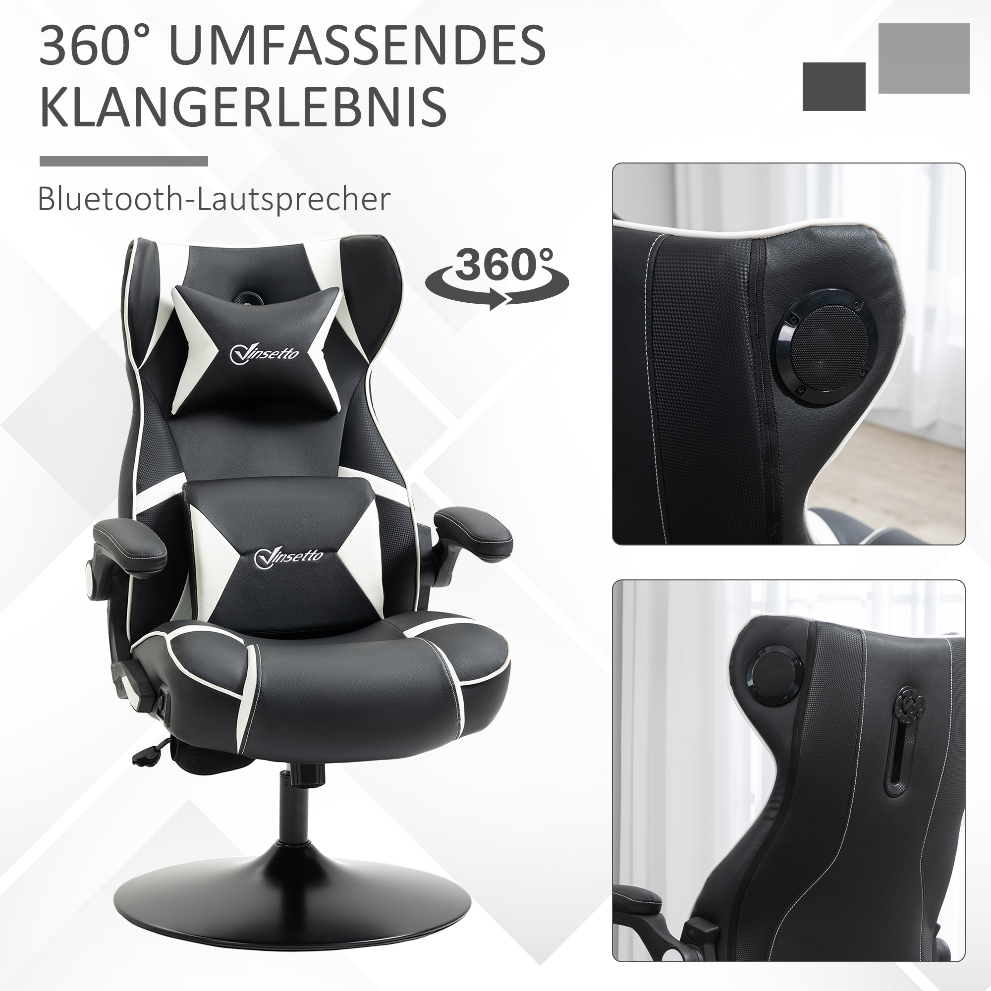 Vinsetto gamestoel, gamestoel, geïntegreerde luidsprekers, verstelbare rugleuning, zwart+wit, 69 x 73 x 118 cm