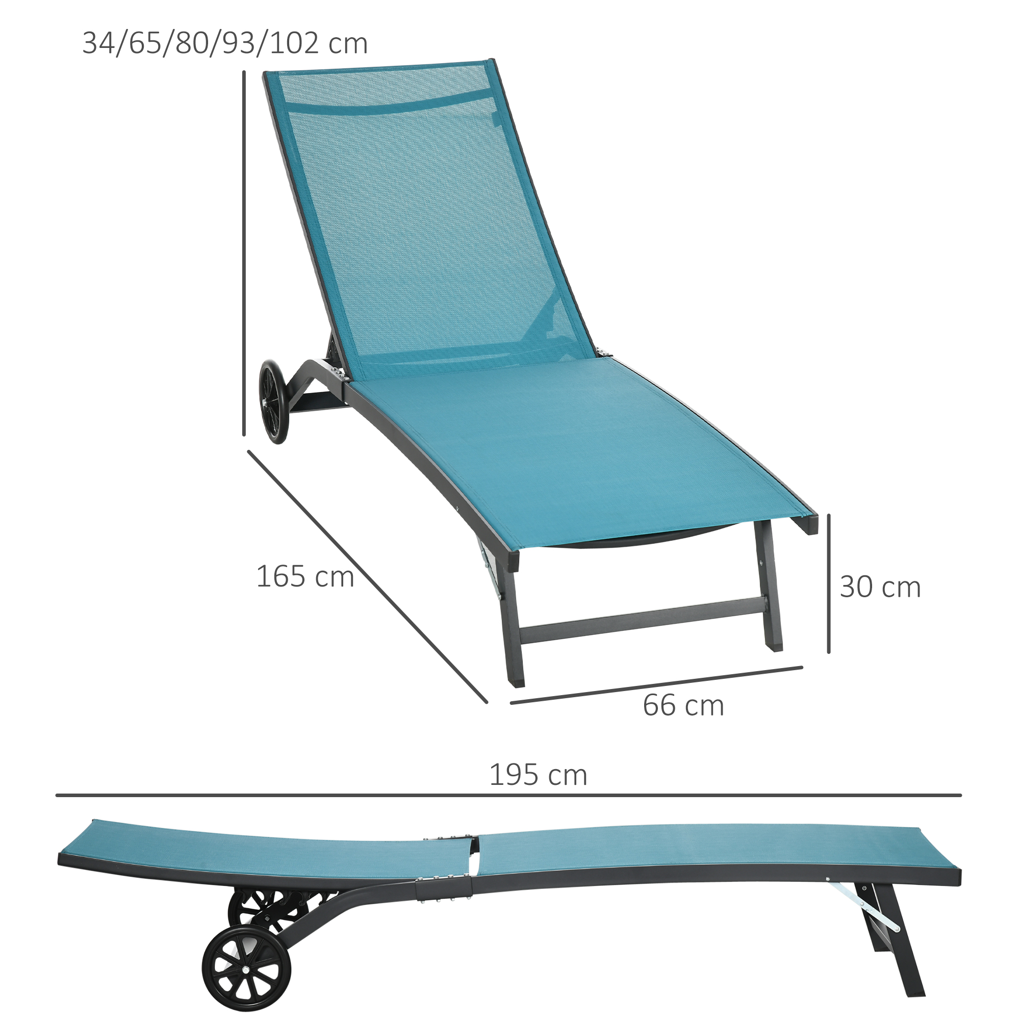 Outsunny Ligstoel, tuinligstoel met wielen, verstelbare rugleuning voor balkon aluminium