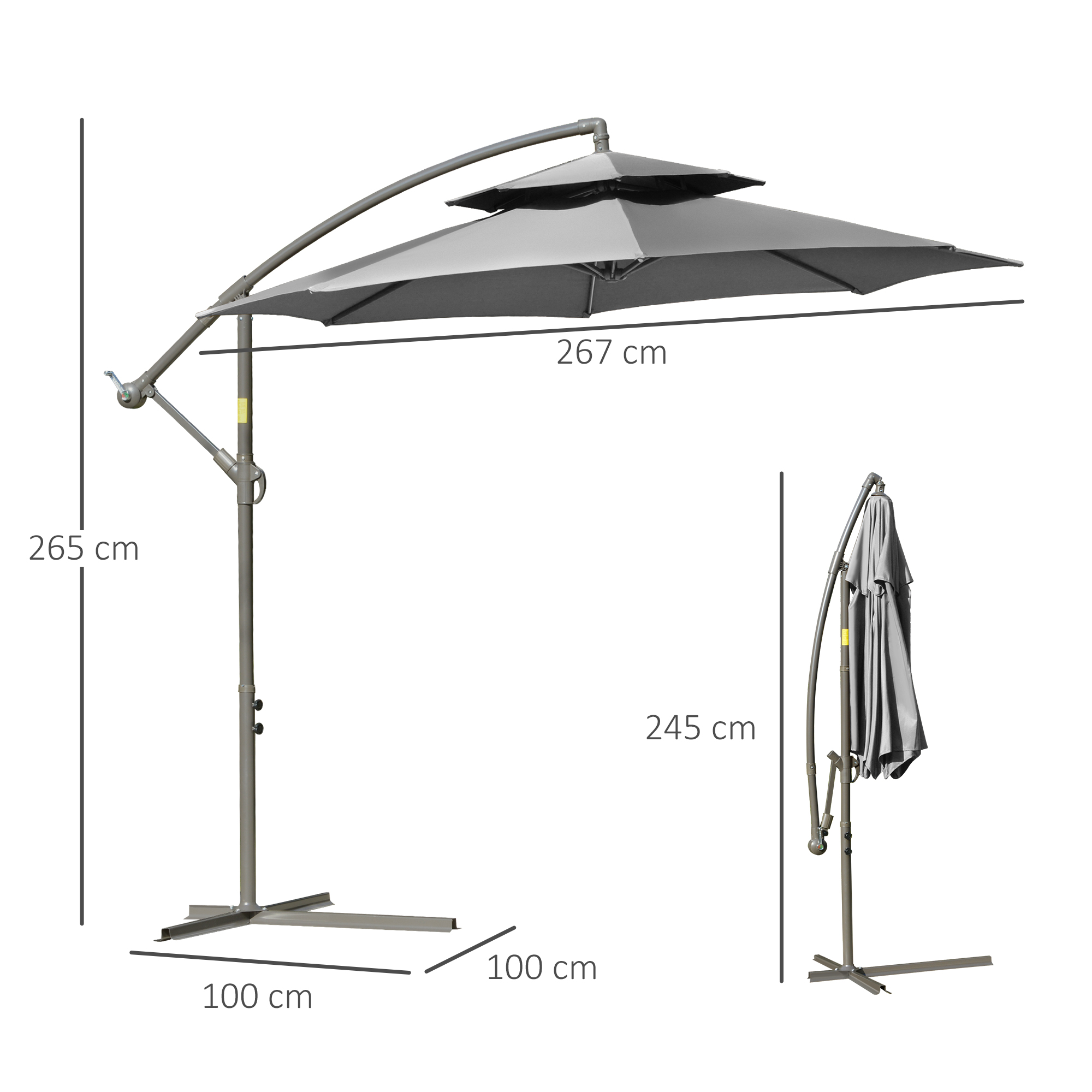 Outsunny Parasol 2,7 m Vrijdragende Parasol met Kruisvoet Staal Buiten Lichtgrijs
