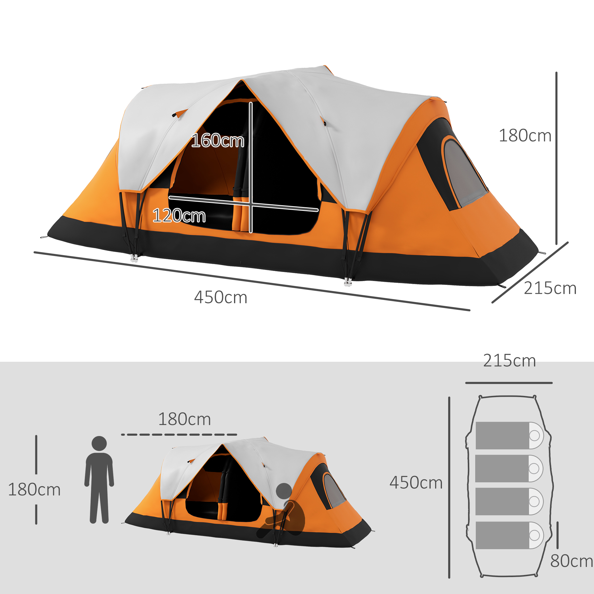 Outsunny Campingtent, Dubbele Kamer, Scheidingswand, Geschikt voor 8 Personen, Met Regenbescherming, Oranje