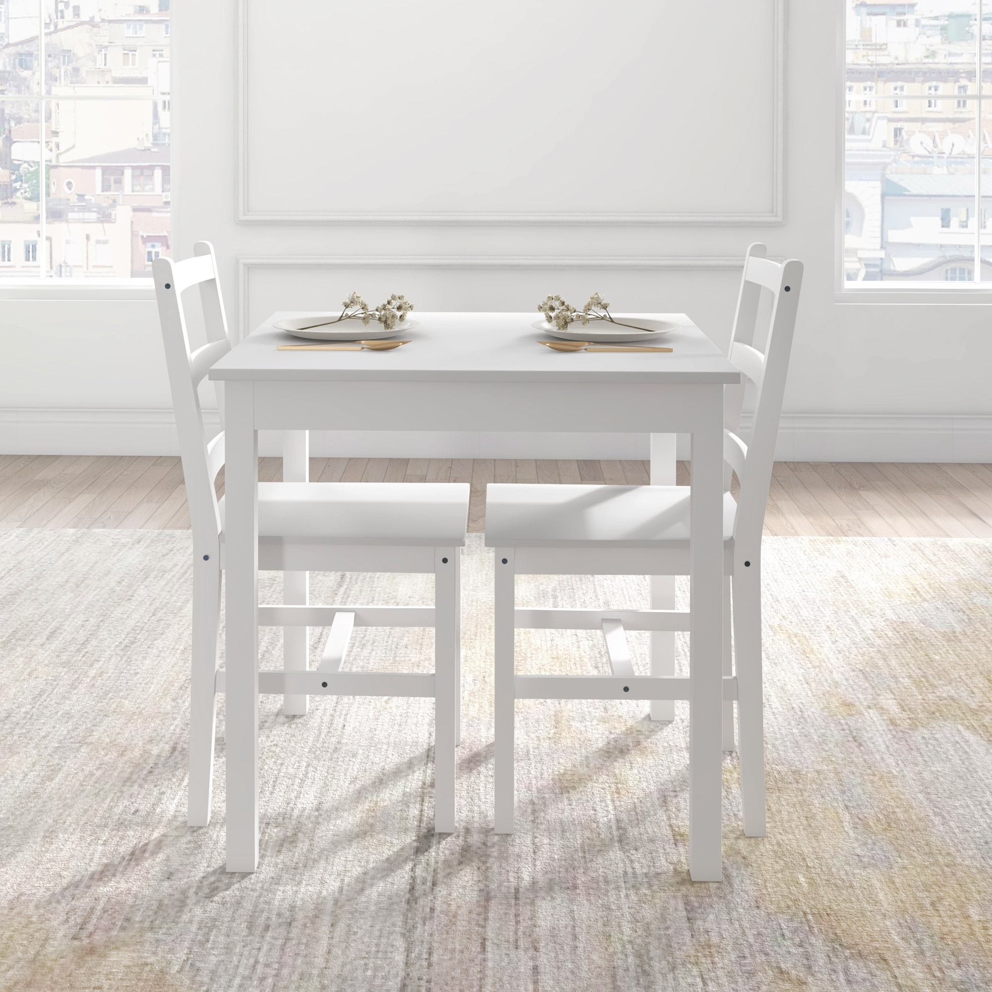 HOMCOM 3-delig Eettafelset Eetgroep Tafel met Stoelen, Grenenhout, Wit