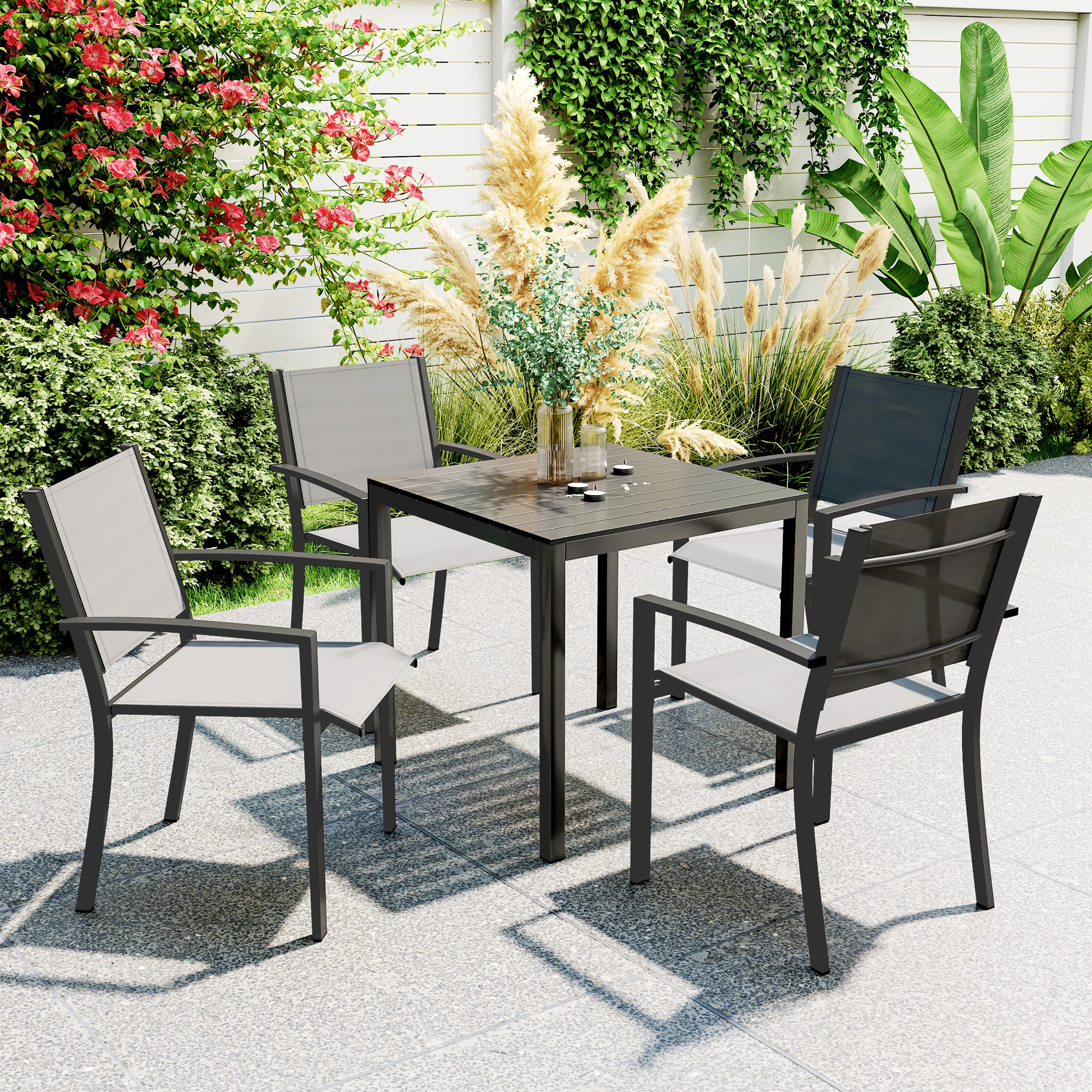 Outsunny Tuintafel Aluminium 73x73 cm Weerbestendig Buffettafel met Houtlook, Campingtafel voor 4 Personen Zwart