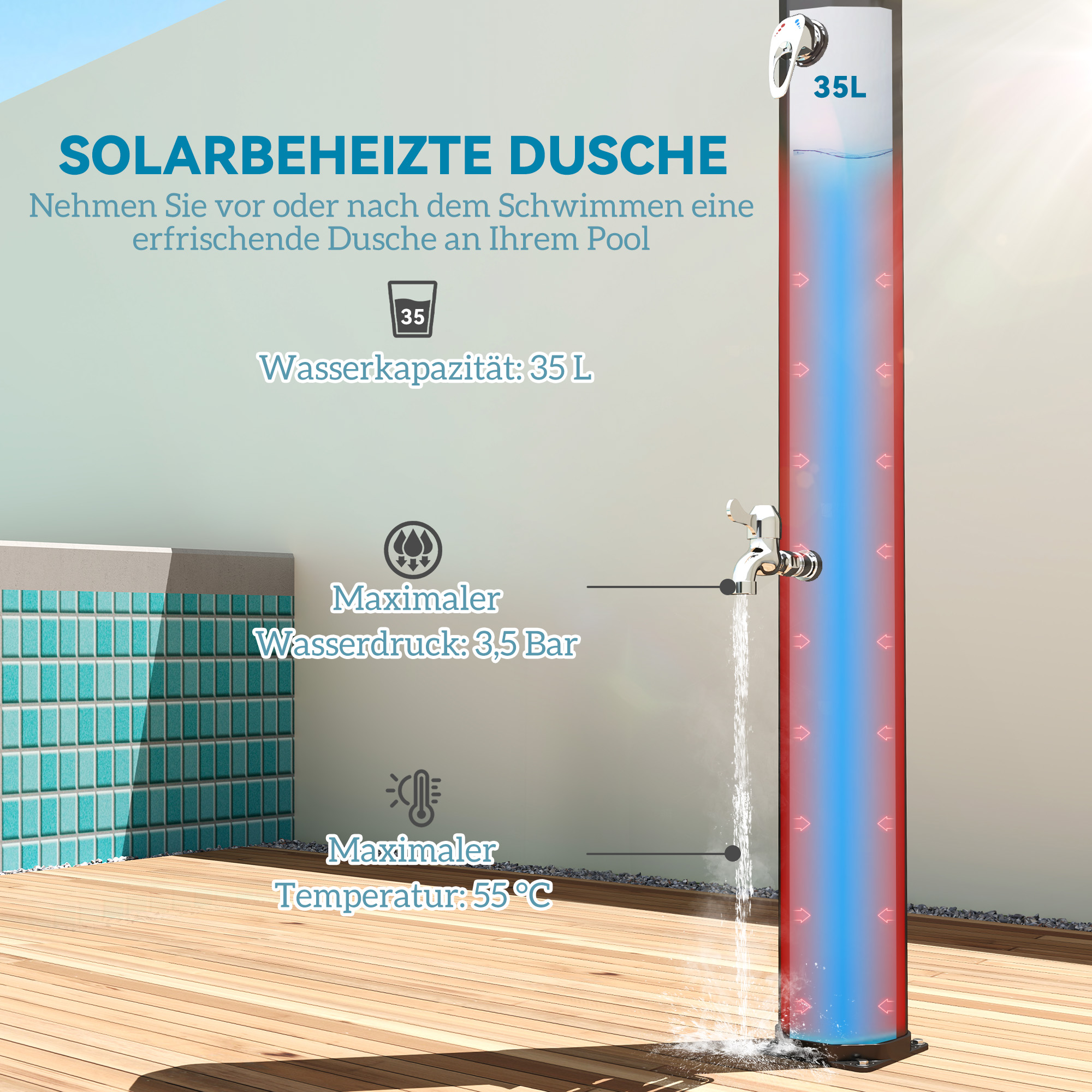 Outsunny Zonnedouche 35 Liter Met Waterkraan, Douchekop, Handdouche en Zijtafeltje, tot 55 °C, Zwart