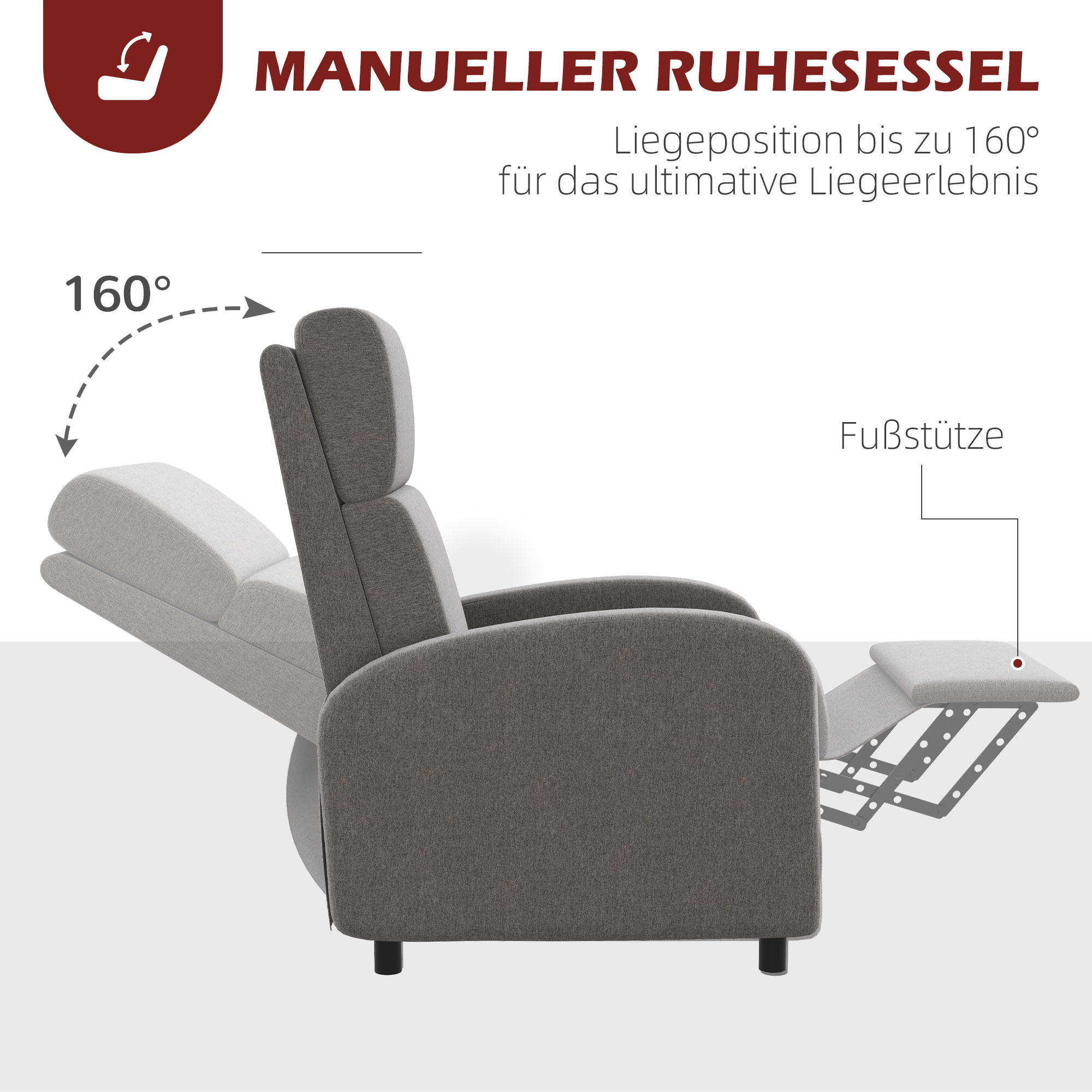 HOMCOM Relaxstoel TV-stoel, uitklapbare voetensteun, kantelbaar tot 160°, 64 x 86 x 102 cm, Grijs
