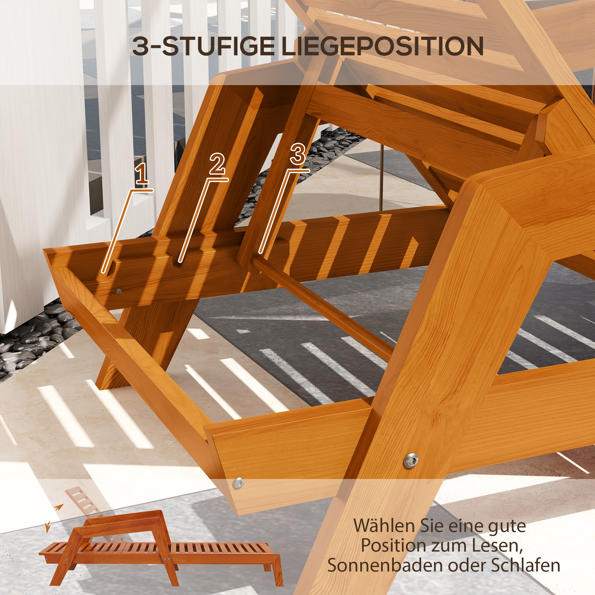 Outsunny Ligstoel Tuinligstoel Houten Ligstoel, Massief hout, 66 cm x 190 cm x 73,5 cm, Oranje