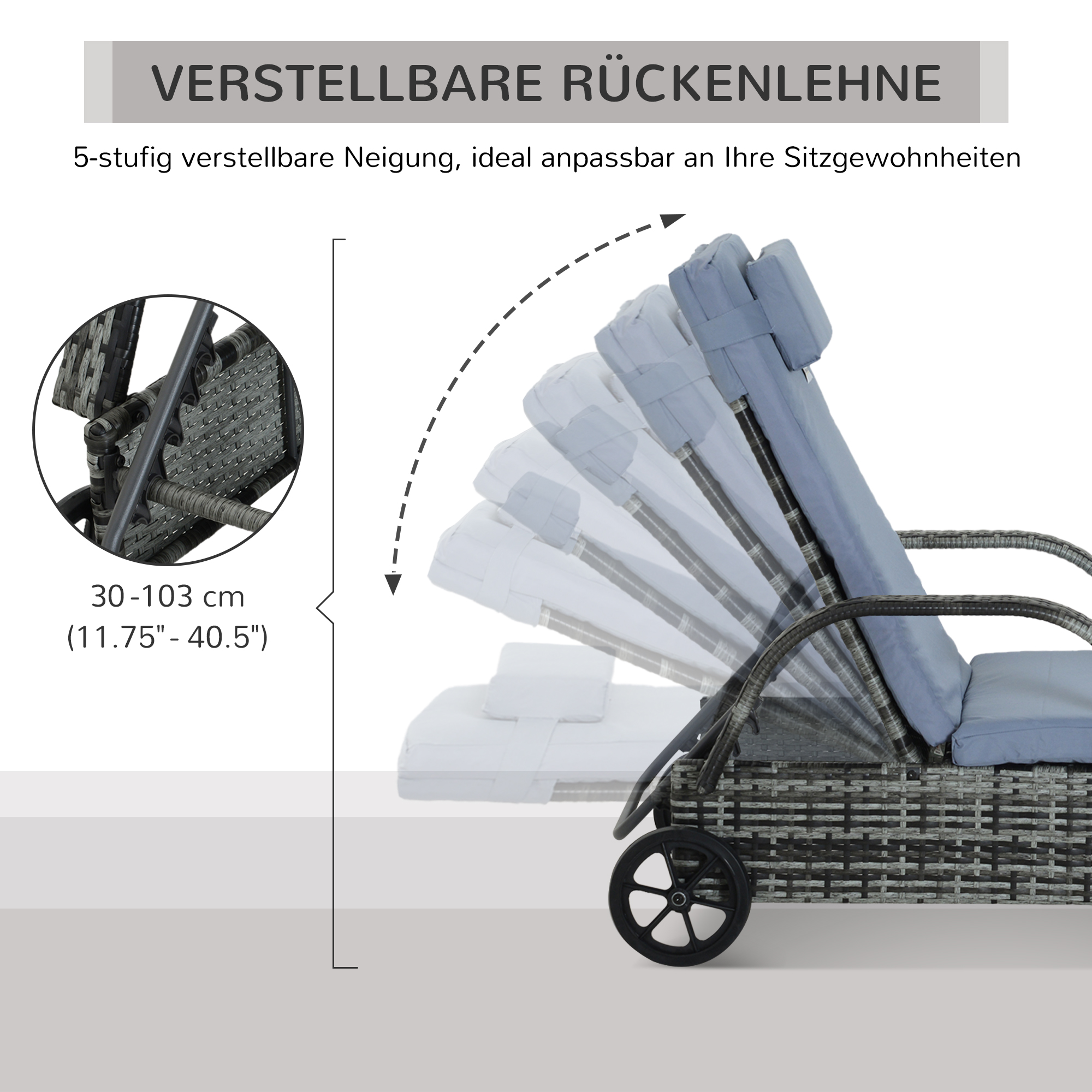 Outsunny poly-rotan ligbank ligstoel rotan ligstoel tuinmeubel mobiel grijs