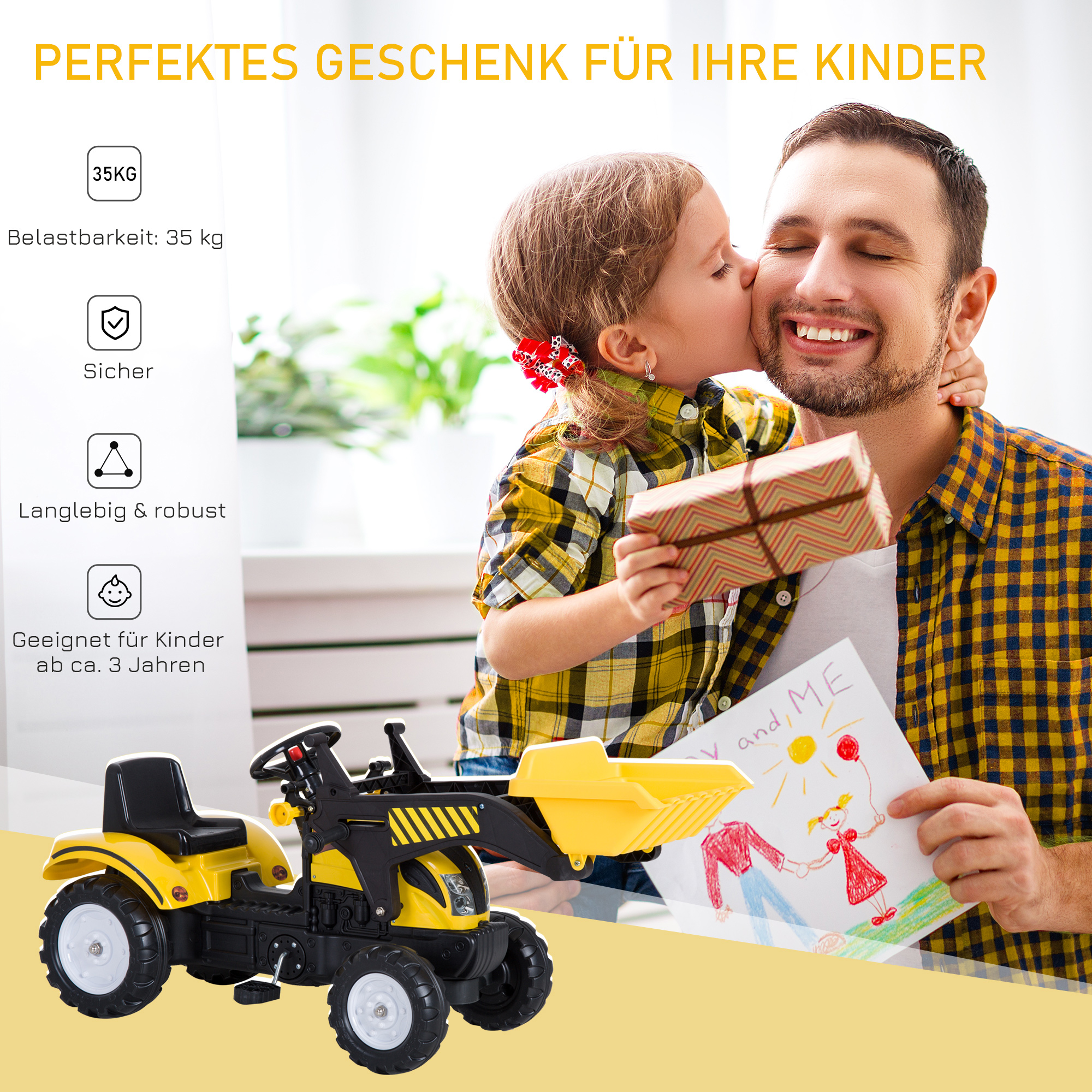 HOMCOM Trapauto met frontlader tractor traptractor vanaf 3 Jaar speelgoed kinderen zwart