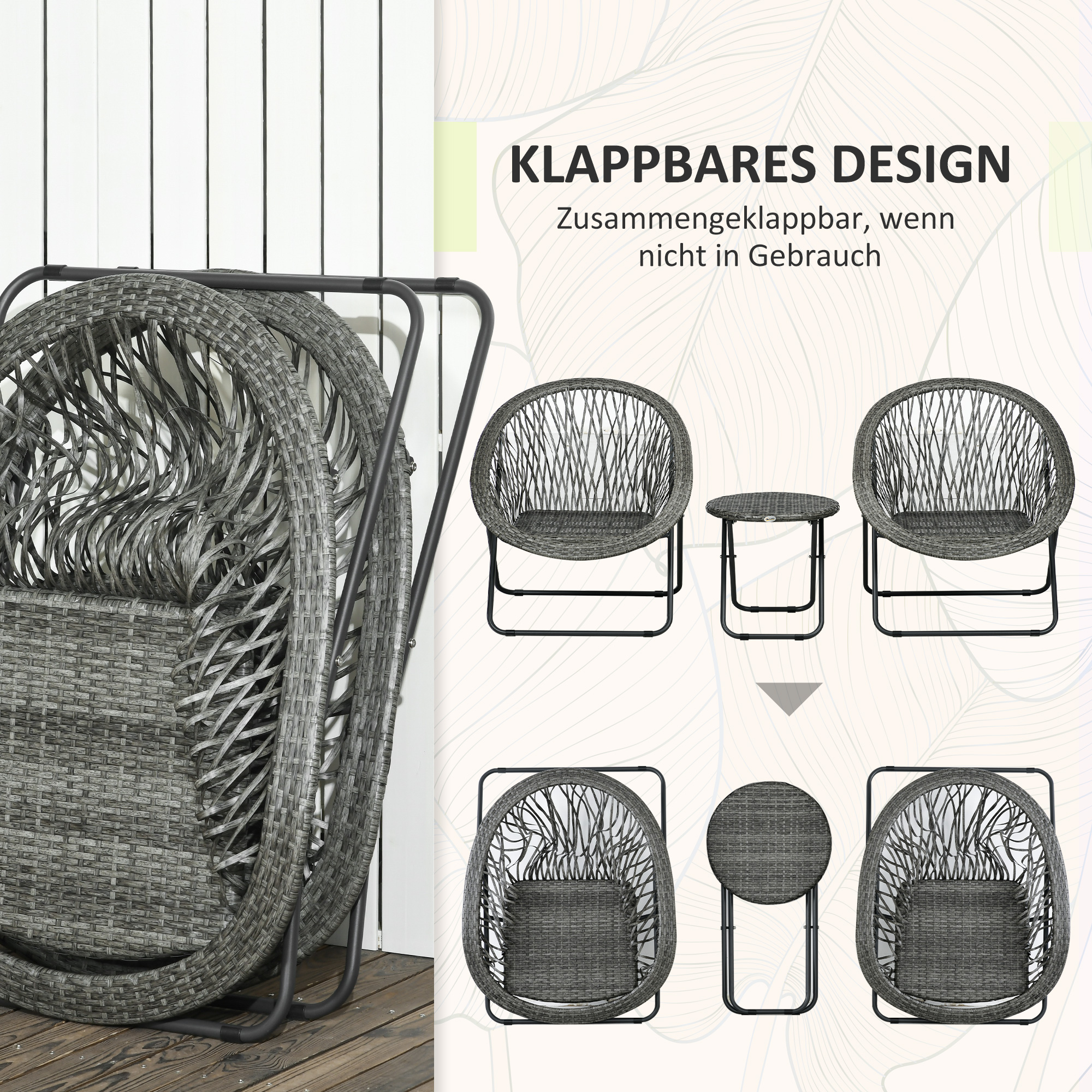Outsunny Tuinmeubelset, 3-delig, rotanlook, 2 stoelen, 1 tafel, inklapbaar, Grijs