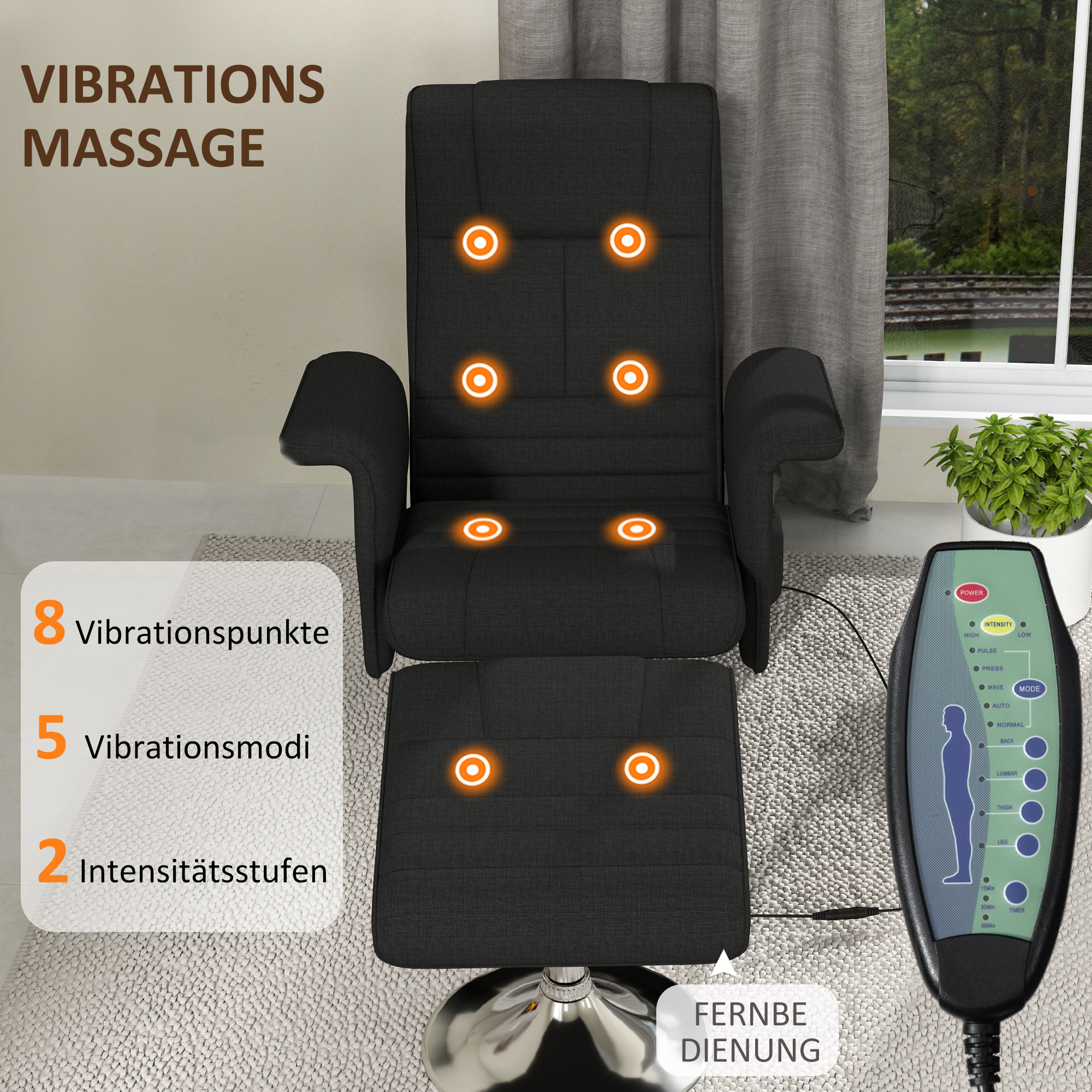 HOMCOM Massagesessel met Kruk, Kantelbare Rugleuning, 78 x 95 x 88 cm, Zwart