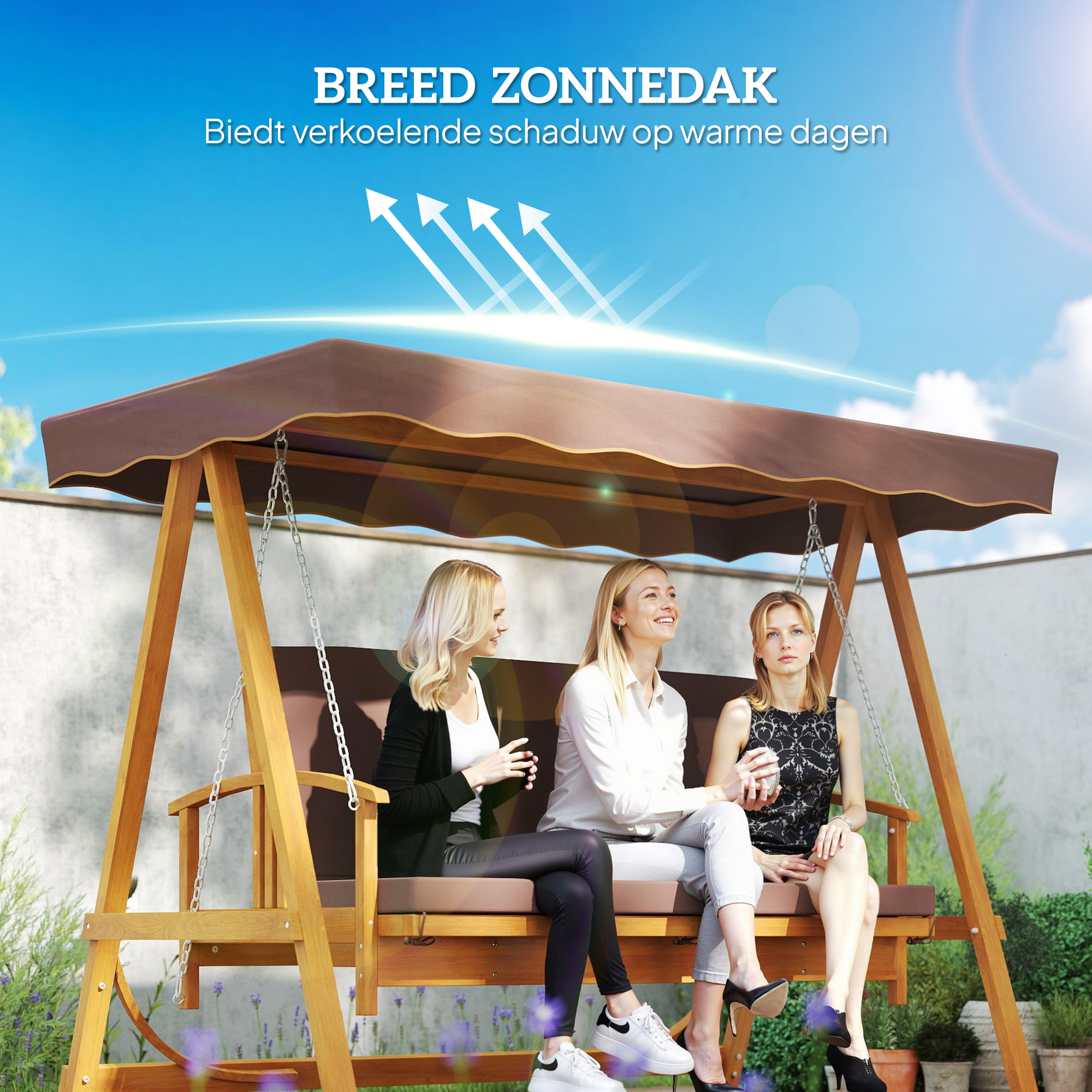 Outsunny Hollywoodschommel met Zonnedak, Echthouten Tuinschommel, Schommelbank met Ligfunctie, Voor 3 Personen, Bruin