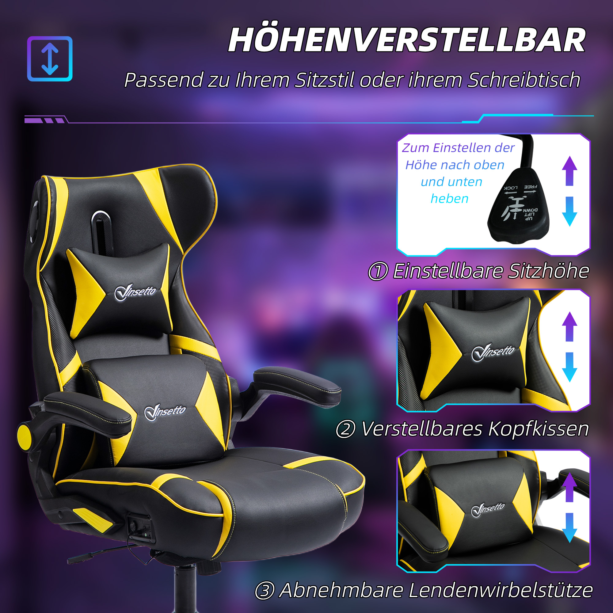 Vinsetto Gaming Stoel met Schommelfunctie en Luidspreker, Lenden- en Neksteun, voor Spelkamer, Kunstleer, Geel+Zwart