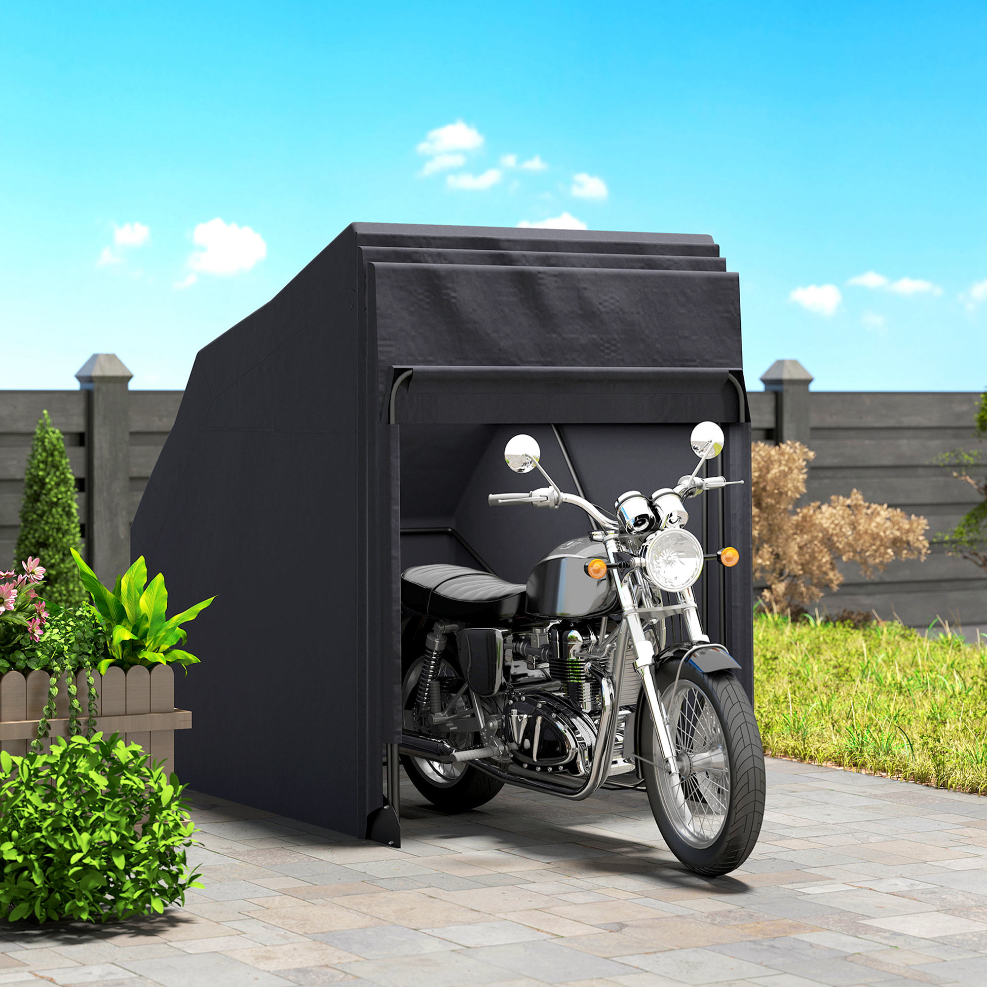 Outsunny Motorhoes Inklapbaar Outdoor Motorafdekking Waterdicht Winterbestendig XXL 345cmx135cmx191cm Zwart