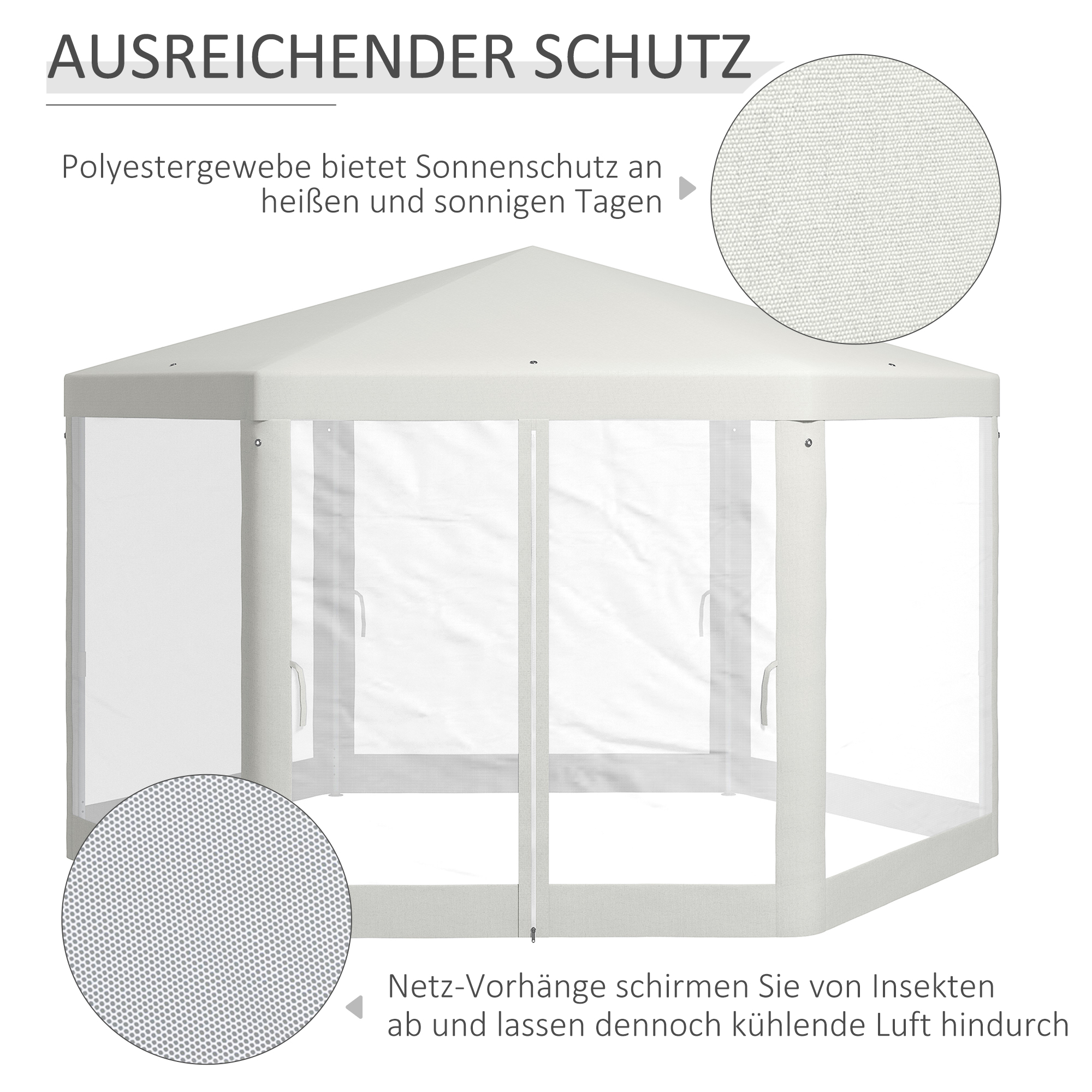 Outsunny Tuinpaviljoen, zeshoekig, met netgordijnen, metalen frame, 4x4x2,5m, Crème
