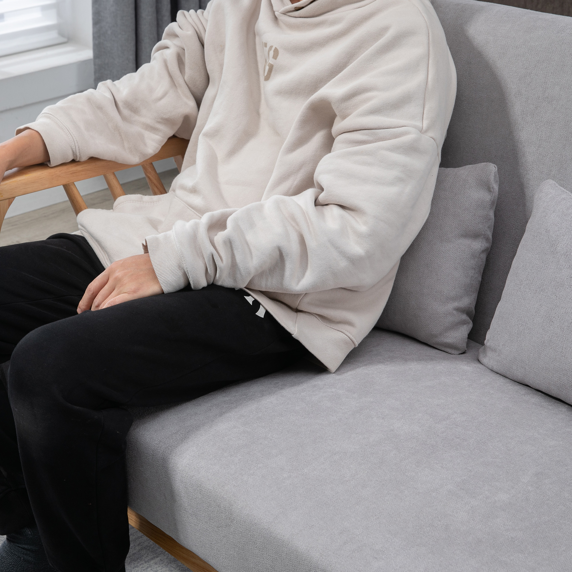 HOMCOM Sofa Relaxbank 2-zitsbank, inclusief 2 kussens, fluweelachtige uitstraling, rubberhout, 130 cm x 75 cm x 78 cm, Grijs + Natuurlijk