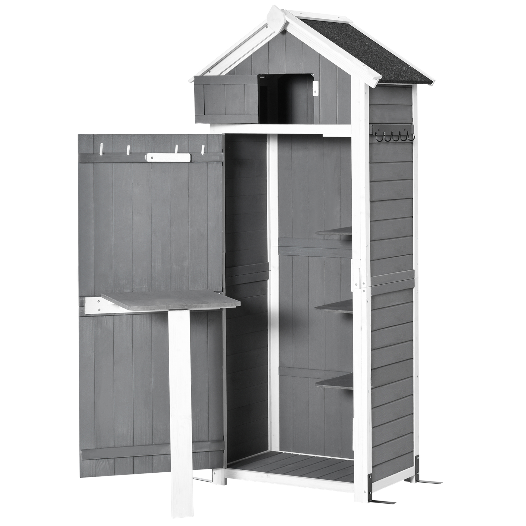 Outsunny gereedschapsschuur met deur dak gereedschapsschuur met haken tuinopbergkast klaptafel outdoor grijs vurenhout 78 x 52,5 x 182 cm