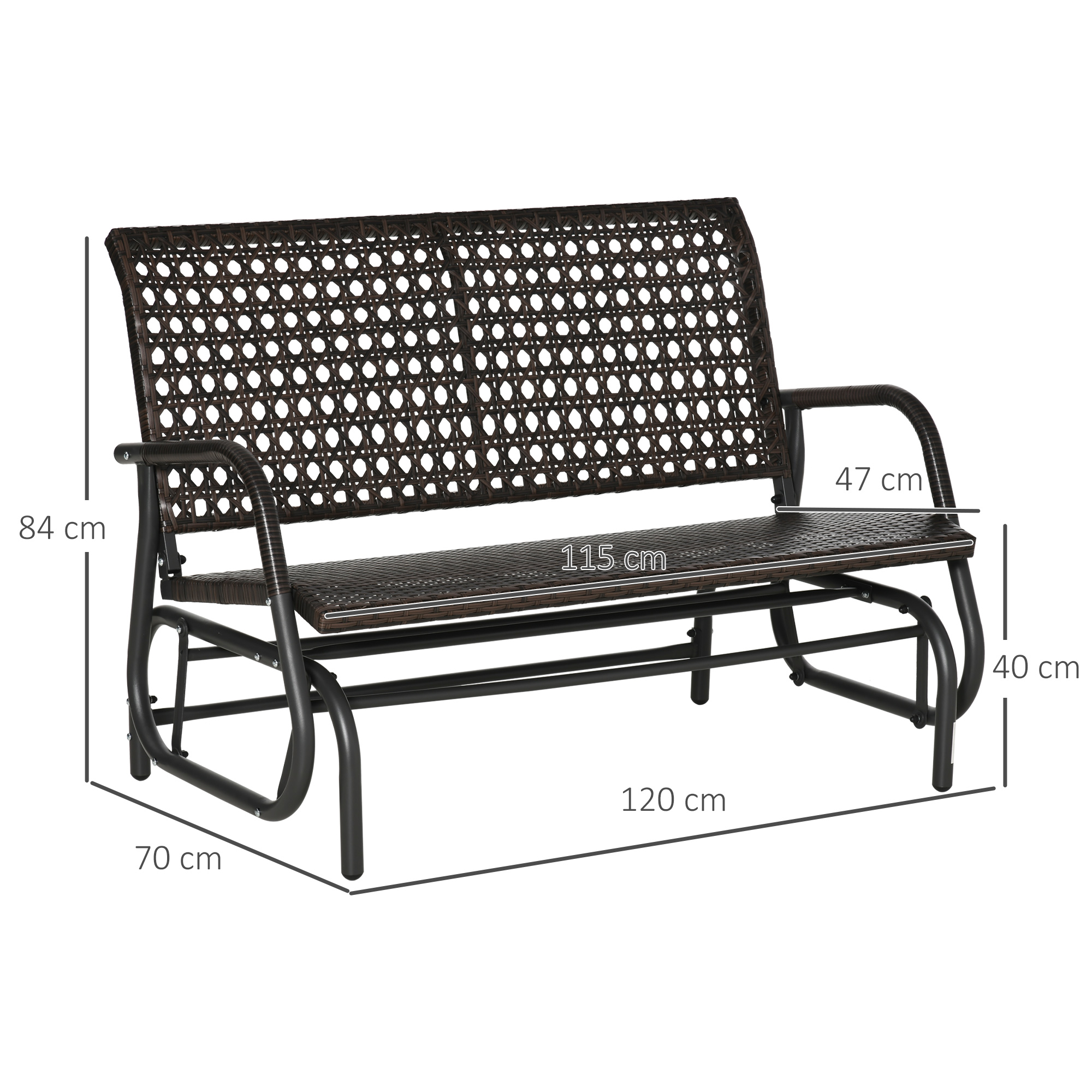 Outsunny schommelbank voor 2 personen in rotan look, staal+polyrattan, bruin+grijs, 70 x 120 x 84 cm